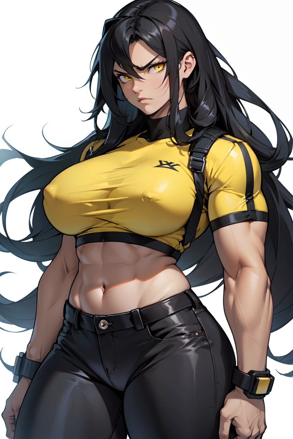 muscular thick thighs huge breasts black hair yellow eyes long hair girl simple background angry midriff tight shirt tight pants