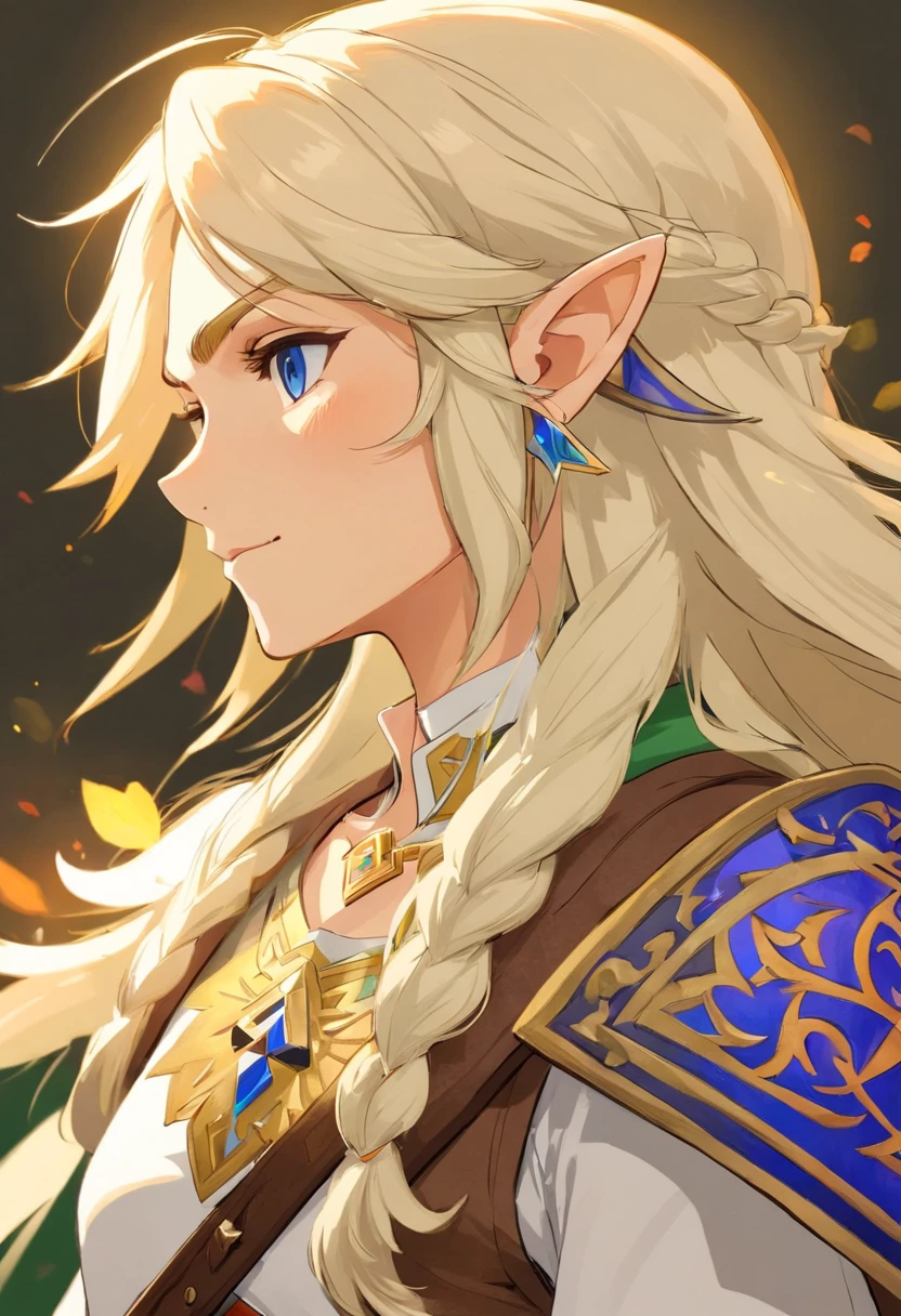 (highres:1.2),male elf,long blonde, flowing hair，braided in golden strands, his eyes sparkling blue with a mischievous smile.