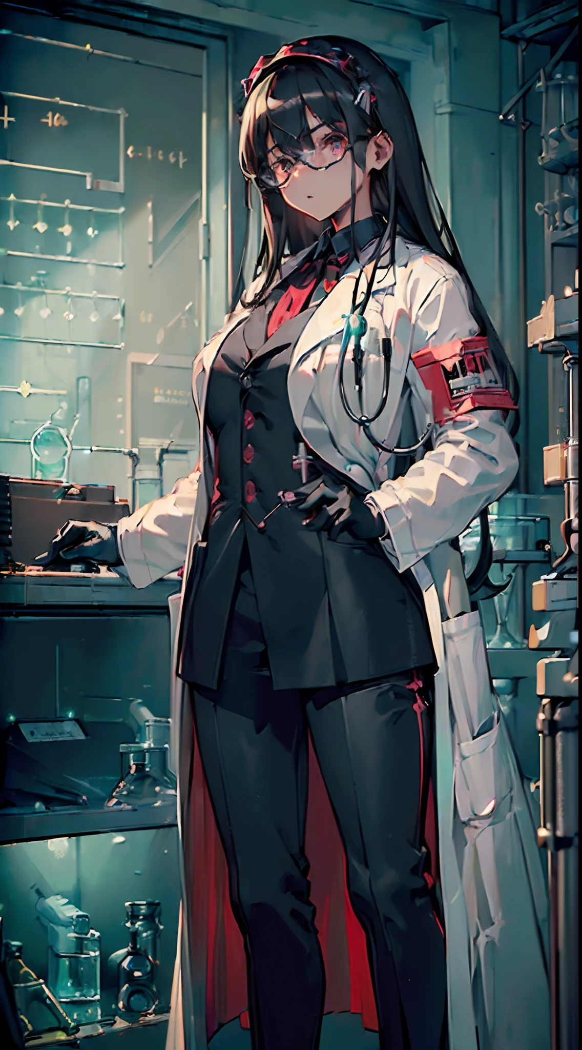 high res, (((masterpiece:1.6))), (best quality:1.4), best illustration, best shadow, depth of field, detailed eyes, sharp pupils, best dark, beautiful, detailed face, 1girl, (Scientist:1.9), atheist, droopy long black hair, dark hair, dress pants, 8k, high definition, black gloves, crimson eyes, large lab coat, (black lab coat:1.3), Petite stature, short height, (chemist), (dark and large chemistry lab:1.5), chemistry vats in background