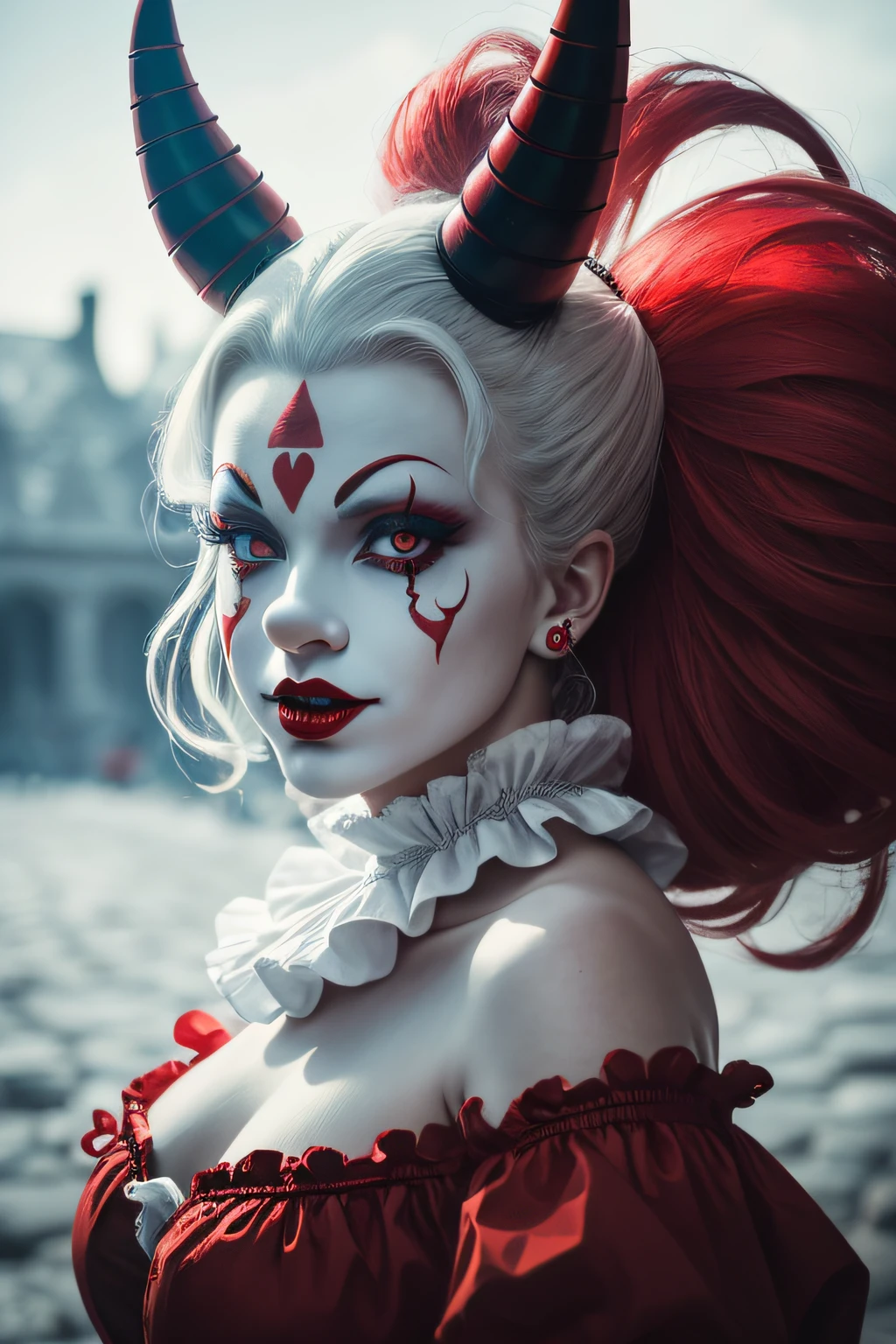 top-quality、[[photo-like]]、Beautiful European Woman、potrait shot、Female Devil King、Female clown, white face with big, red circles painted around his eyes, masterpeice, dressed like a devil clown and its face too