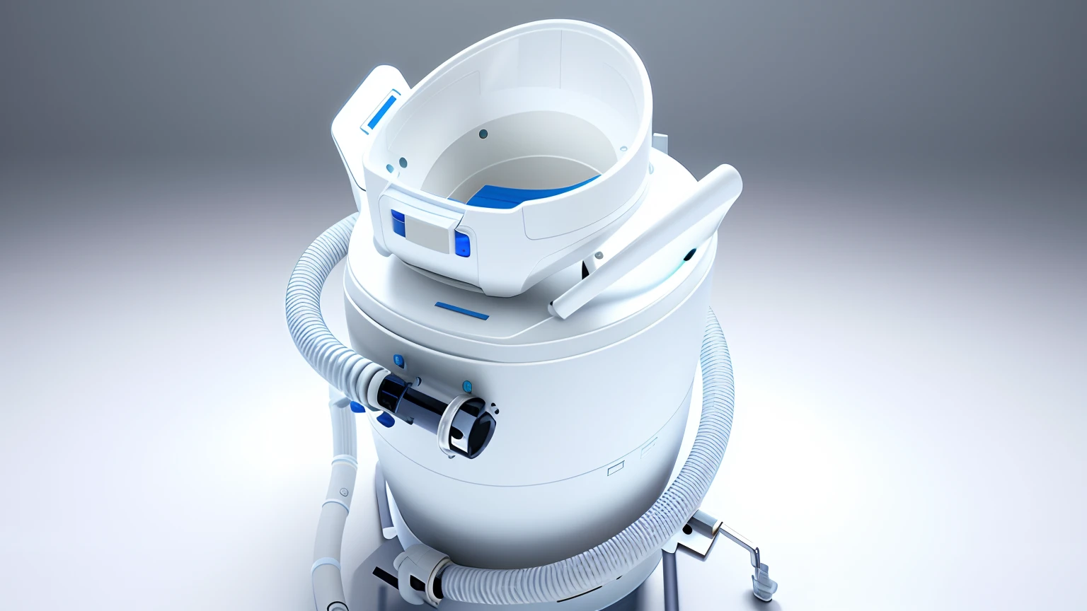 Close-up of a space toilet with a storage tank，Industrial design concept products，real rendering，white backgrounid，With white plastic housing， facingfront， high res render， industrial design concept， the sideview， 2018， flight deck， High-resolution scanning，