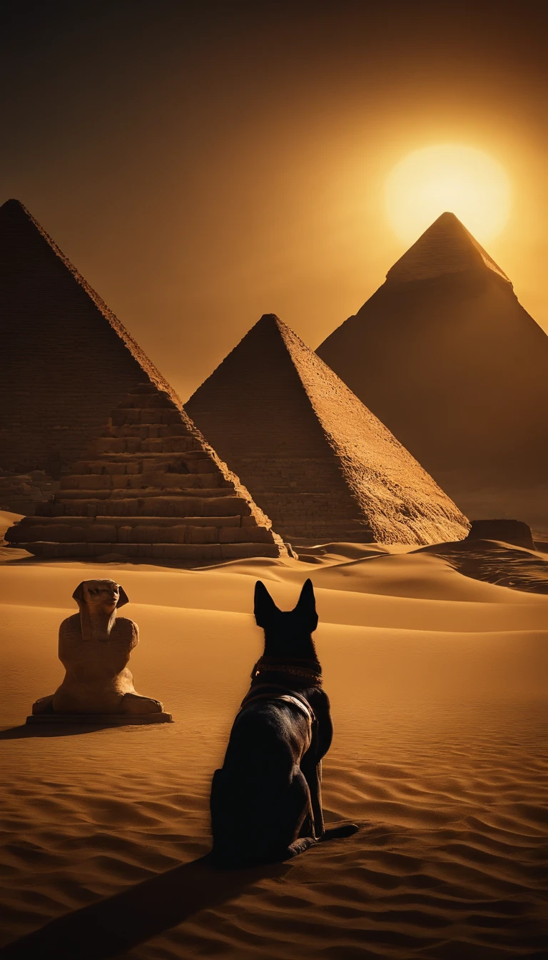 Dios egipcio anubis caminando por la noche egipto, pyramids, , y un gato a su lado, ankh en su mano del Dios