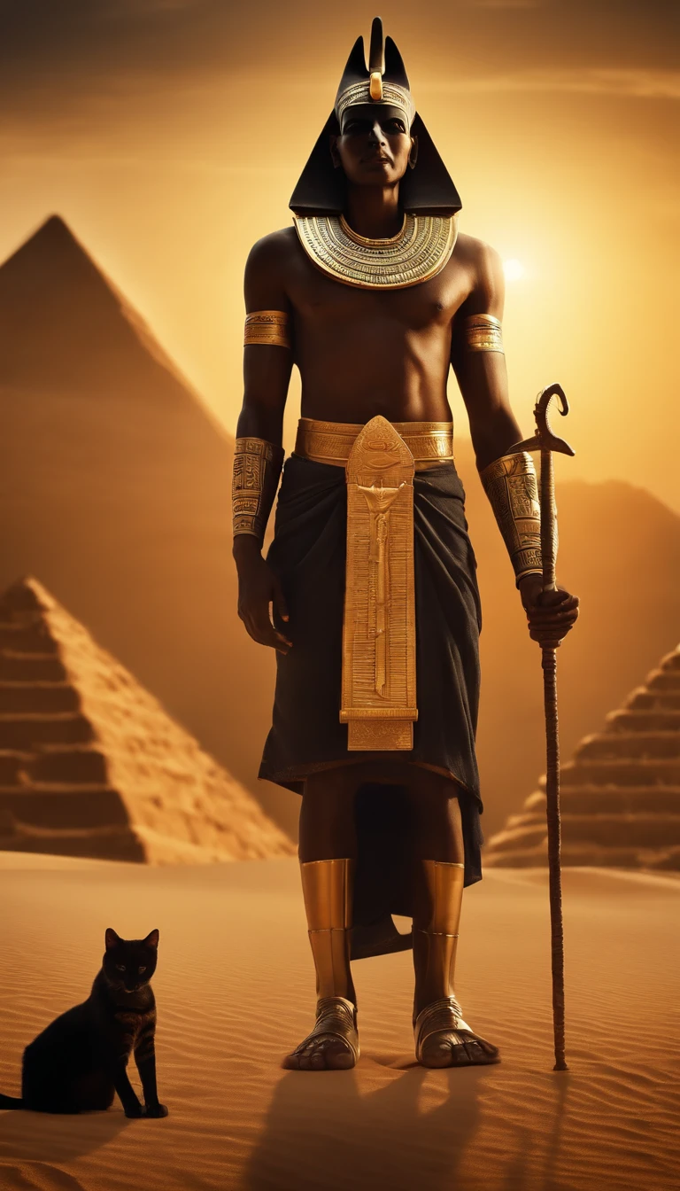 Dios egipcio anubis caminando por la noche egipto, pyramids, , y un gato a su lado, ankh en su mano del Dios