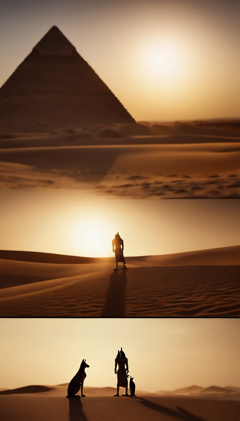 Dios egipcio anubis caminando por la noche egipto, pyramids, , y un gato a su lado, ankh en su mano del Dios