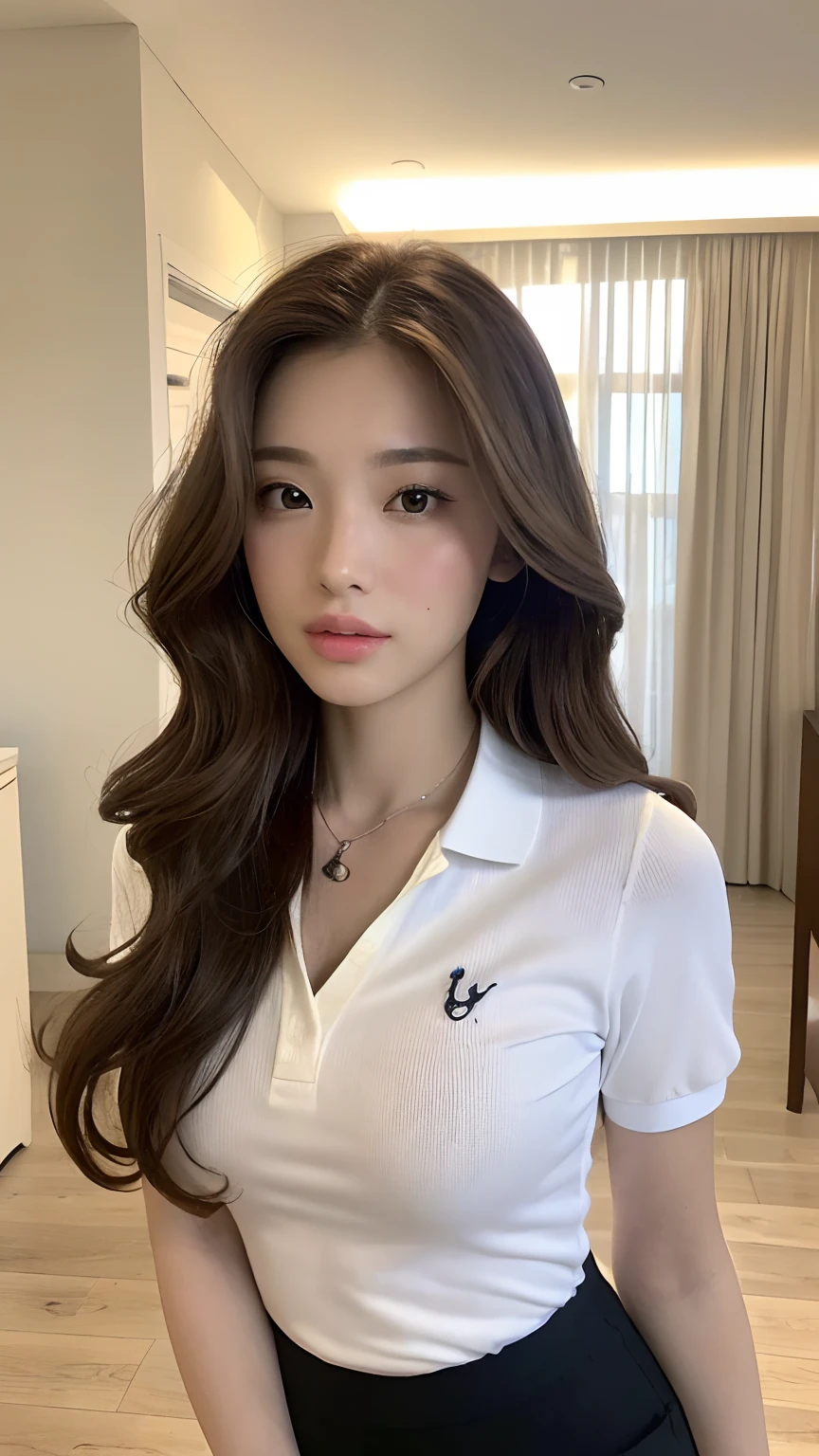 ((best qualtiy, 8K, tmasterpiece:1.3)), Focus:1.2, perfect figure beautiful woman:1.4, Cocked buttocks:1.2, ((Random Long Diva Thick Hairstyle) ((Brown Wavy Hair In Big Curls))(Long white legs:1.3,(Polo shirt With Shorts:1.2) , (inside in room: 1.2), Highly detailed facial and skin texture, A detailed eye, 二重まぶた,Whiten skin,(Straight big breasts:1.3), looking at camera, Wear a necklace,