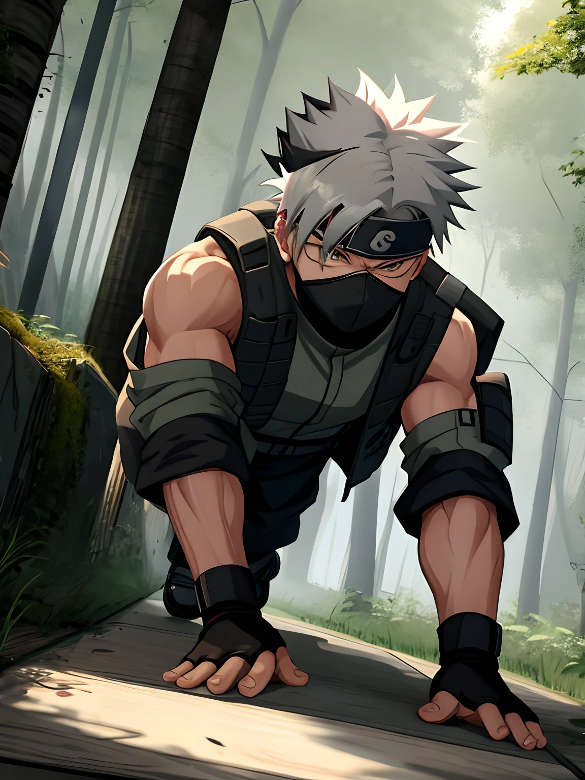 Kakashi Hatake doing push-ups, in nature, hyperdetailled