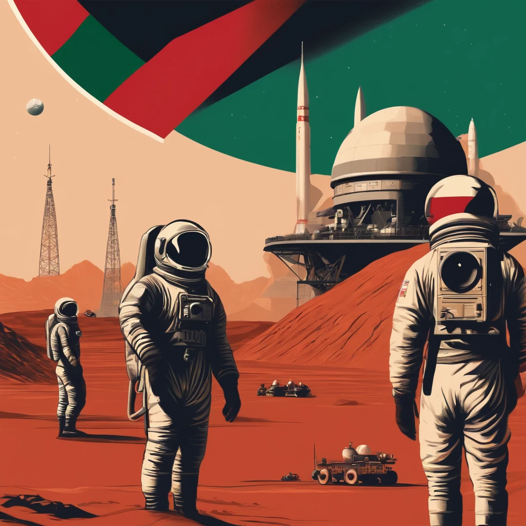 Soviet space mission on Mars, cosmonauts in the foreground and a rocket base in the background with Bangladeshi flag