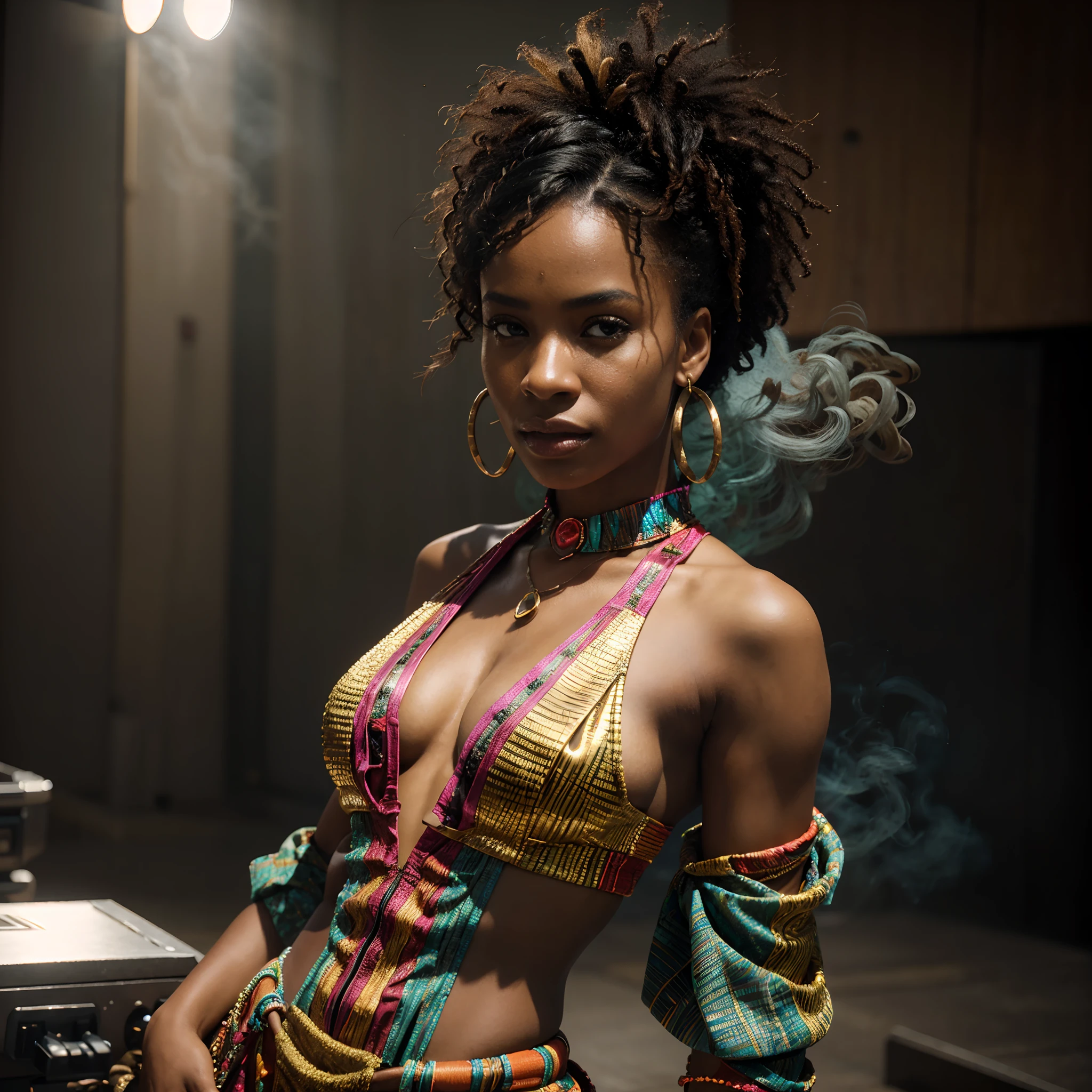 by royo, hyperdetailed, hyperrealistic, vivid portrait of a beautiful african woman in an African designed 80s- sfrican inspired outfit with vibrant colors, exaggerated shoulder pads, and bold accessories. Striking a powerful pose with an intense gaze, surrounded by a halo of smoke in tones that enhance her expression. On a stage with the smoke mimicking waves, matching the colors of her outfit. Perfect composition, exquisite attention to small details, realistic reflections, UHD, 8k, ultra-detailed texture, volumetric light, cinematic effects, masterpiece, trending on ArtStation, Octane 3D rendering
