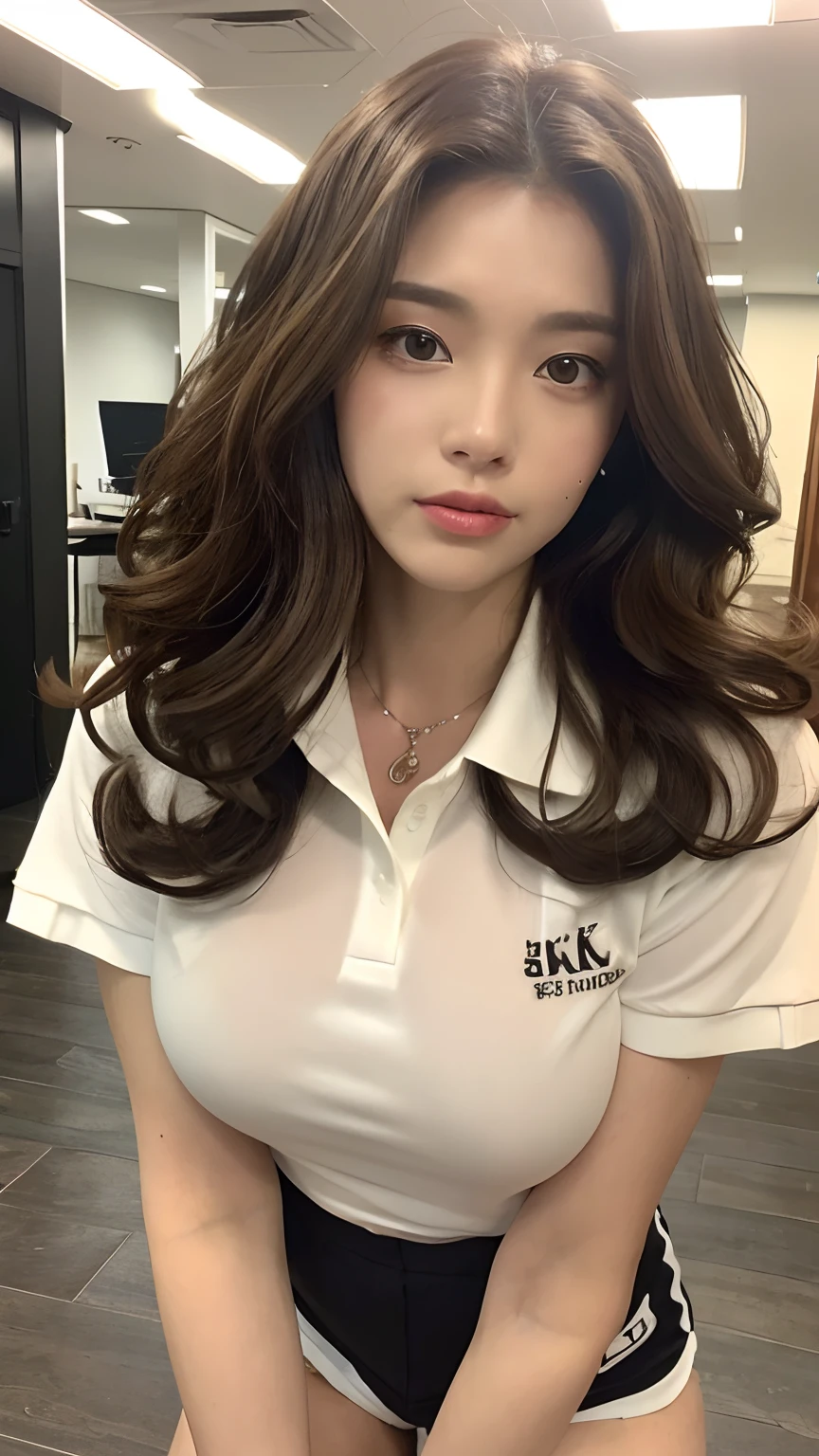 ((best qualtiy, 8K, tmasterpiece:1.3)), Focus:1.2, perfect figure beautiful woman:1.4, Cocked buttocks:1.2, ((Random Long Thick Hairstyle) ((Brown Wavy Hair In Big Curls))(Long white legs:1.3,(Polo shirt With Shorts:1.2) , (Inside Work Place: 1.2), Highly detailed facial and skin texture, A detailed eye, 二重まぶた,Whiten skin,(Straight big breasts:1.3), looking at camera, Wear a necklace,