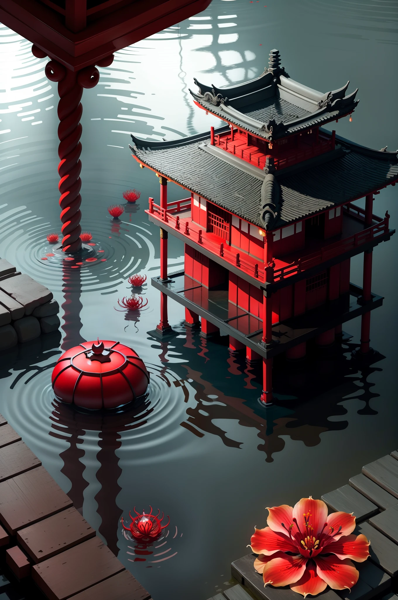Submerged luxury Japanese temple with red lily of spider flowers, beautiful night light, high resolution