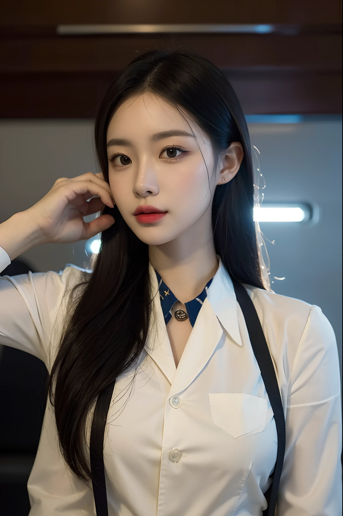 best quality,(RAW photo:1.2),(masterpiece:1.4),(photorealistic:1.4),(highres:1.4), 1girl, depth of field, flight attendant, intricately detailed,8k, extremely detailed, perfect lighting, epic background
