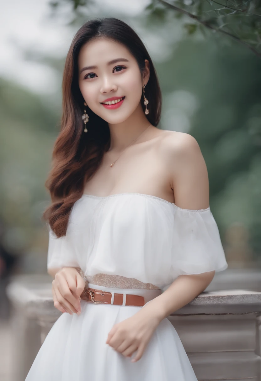 closeup portrait,white skirt,Dreamy tones,Take a selfie in front of the camera,Sweet smile,airbubble,ChineseGirl