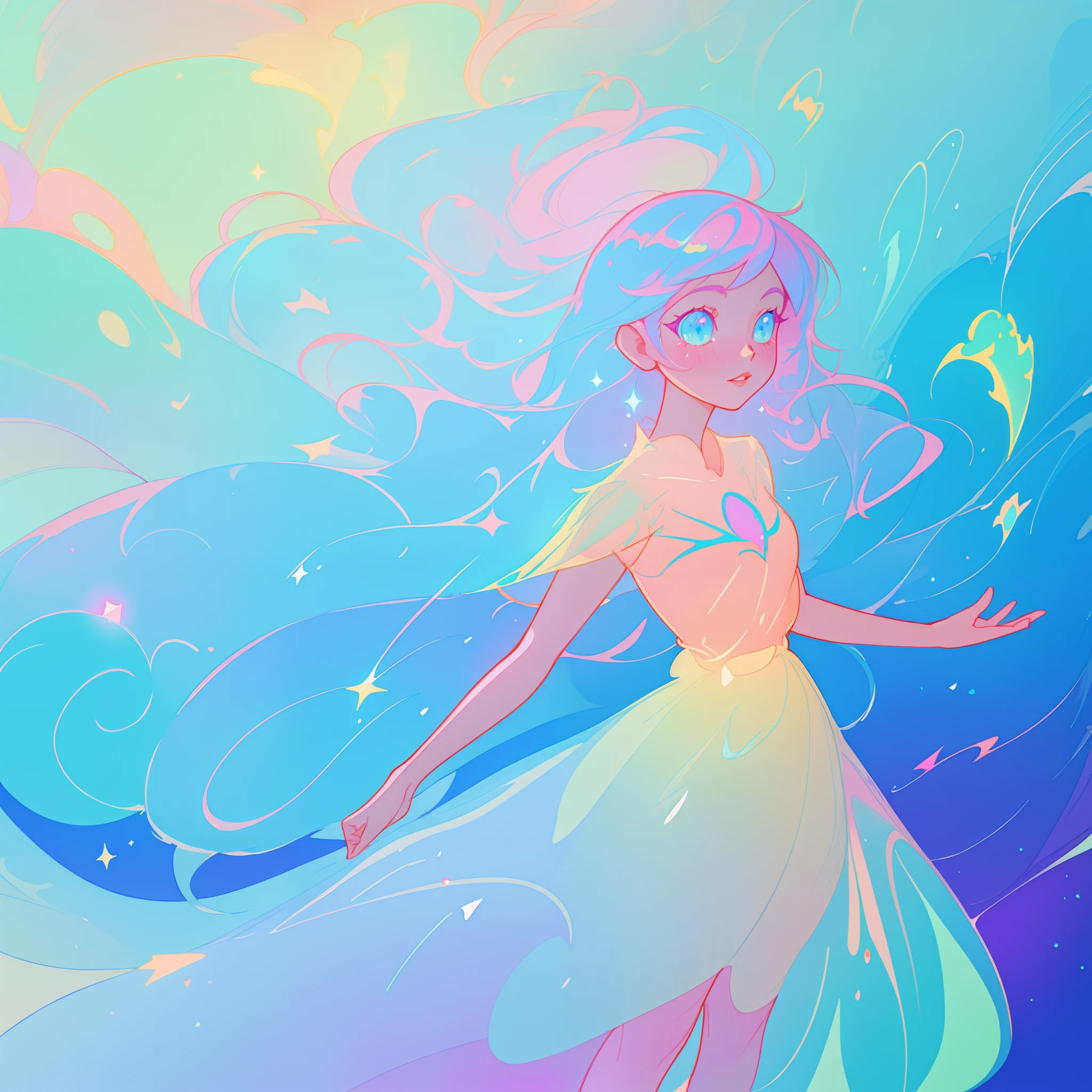 beautiful anime girl in colorful liquid dress, vibrant pastel colors, (colorful), magical lights, sparkling lines of light, inspired by Glen Keane, inspired by Lois van Baarle, disney art style, by Lois van Baarle, glowing aura around her, by Glen Keane, jen bartel, glowing lights! digital painting, flowing glowing hair, glowing flowing hair, beautiful digital illustration, fantasia background, whimsical, magical, fantasy, beautiful face, ((masterpiece, best quality)), intricate details, highly detailed, sharp focus, 8k resolution, sparkling detailed eyes, liquid watercolor