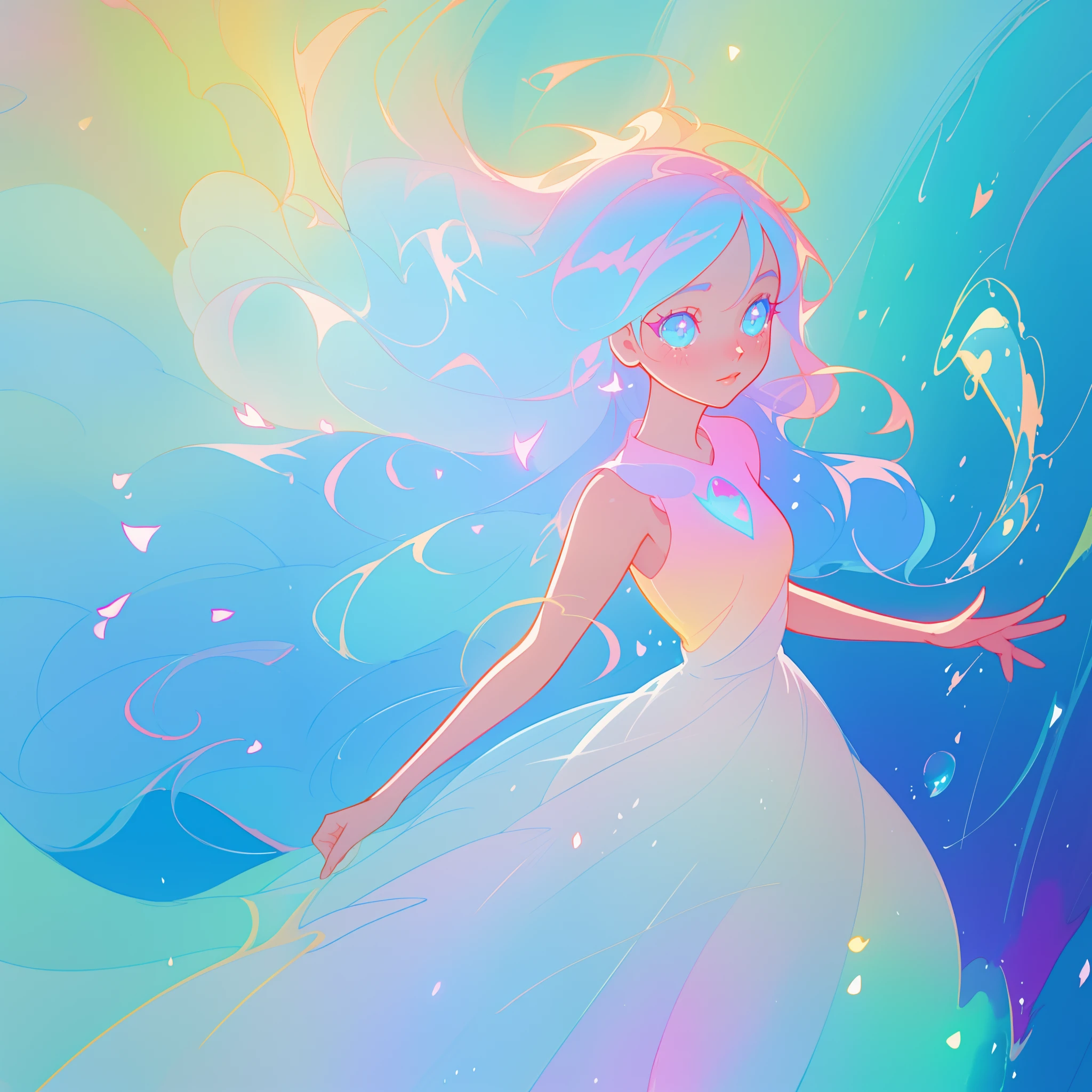 beautiful anime girl in colorful liquid dress, vibrant pastel colors, (colorful), magical lights, sparkling lines of light, inspired by Glen Keane, inspired by Lois van Baarle, disney art style, by Lois van Baarle, glowing aura around her, by Glen Keane, jen bartel, glowing lights! digital painting, flowing glowing hair, glowing flowing hair, beautiful digital illustration, fantasia background, whimsical, magical, fantasy, beautiful face, ((masterpiece, best quality)), intricate details, highly detailed, sharp focus, 8k resolution, sparkling detailed eyes, liquid watercolor