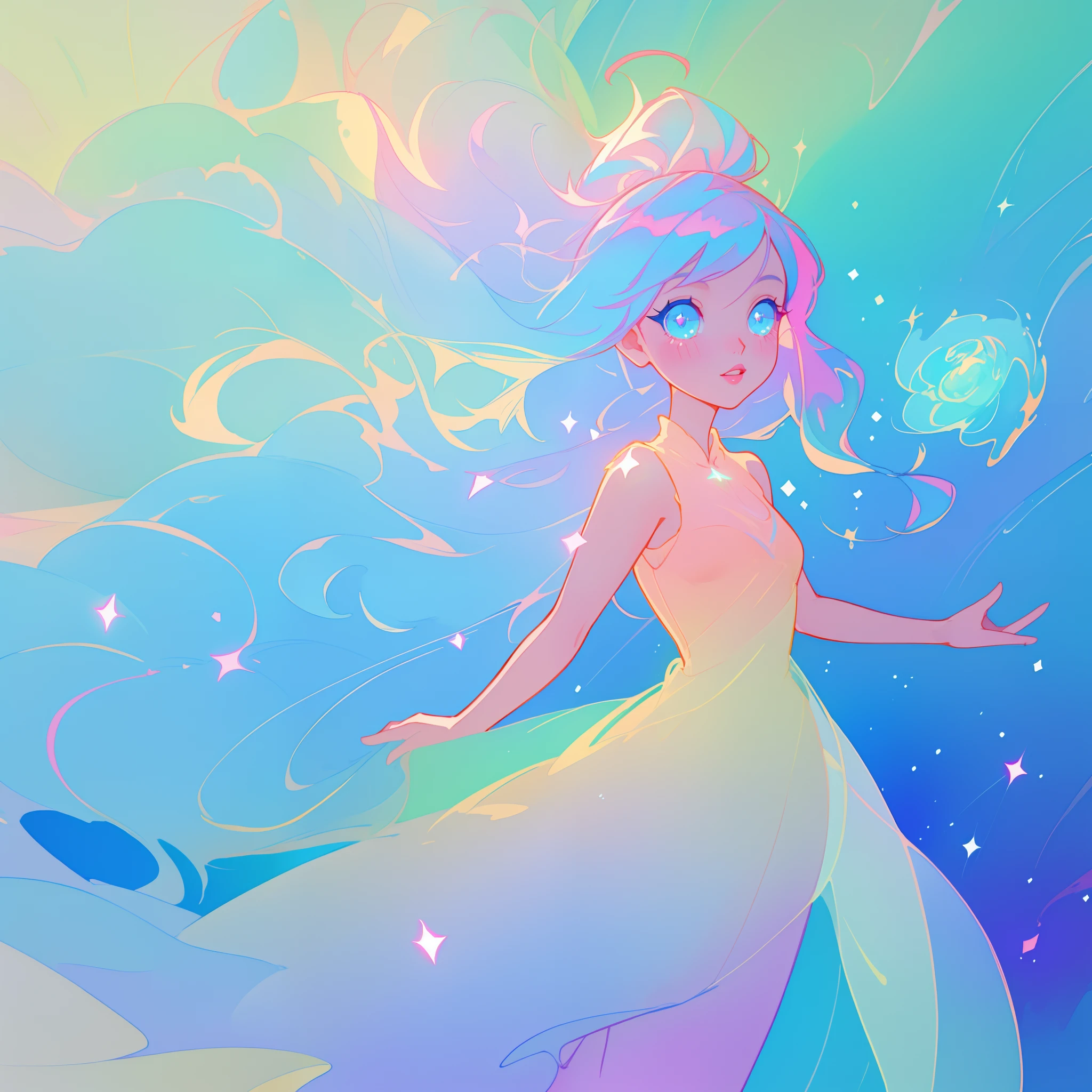 beautiful anime girl in colorful liquid dress, vibrant pastel colors, (colorful), magical lights, sparkling lines of light, inspired by Glen Keane, inspired by Lois van Baarle, disney art style, by Lois van Baarle, glowing aura around her, by Glen Keane, jen bartel, glowing lights! digital painting, flowing glowing hair, glowing flowing hair, beautiful digital illustration, fantasia background, whimsical, magical, fantasy, beautiful face, ((masterpiece, best quality)), intricate details, highly detailed, sharp focus, 8k resolution, sparkling detailed eyes, liquid watercolor