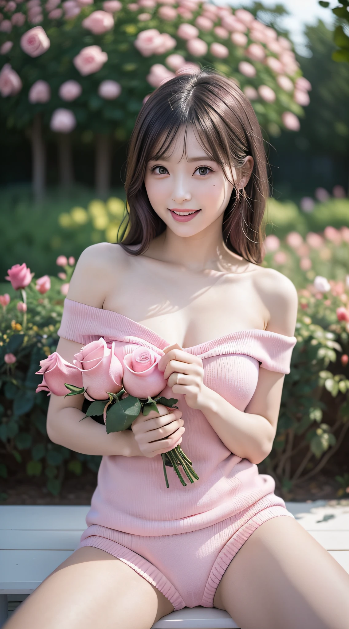 1girl, (clean appearance, radiant sense of happiness), (Adorable and sexy appearance:1.2), open mouth slightly, (big round eyes:1.2), (extremely detailed beautiful face), (Short pink knit dress with open chest), (bare shoulders:1.3), (Best Quality:1.4), (Ultra-detailed), (Ultra realistic, photo-realistic:1.37), beautiful fair skin, extremely detailed CG unified 8k wallpaper, raw photos, professional photograpy, cinematic lighting, (pink rose garden:1.5), (Surrounded by so many pink rose:1.5), (Feeling happy, rose bouquet), (sitting, pink flower bench), spread legs wide open, (rose panties), Inner thigh, Staring at me, fashionable, trendy, Clear skies,