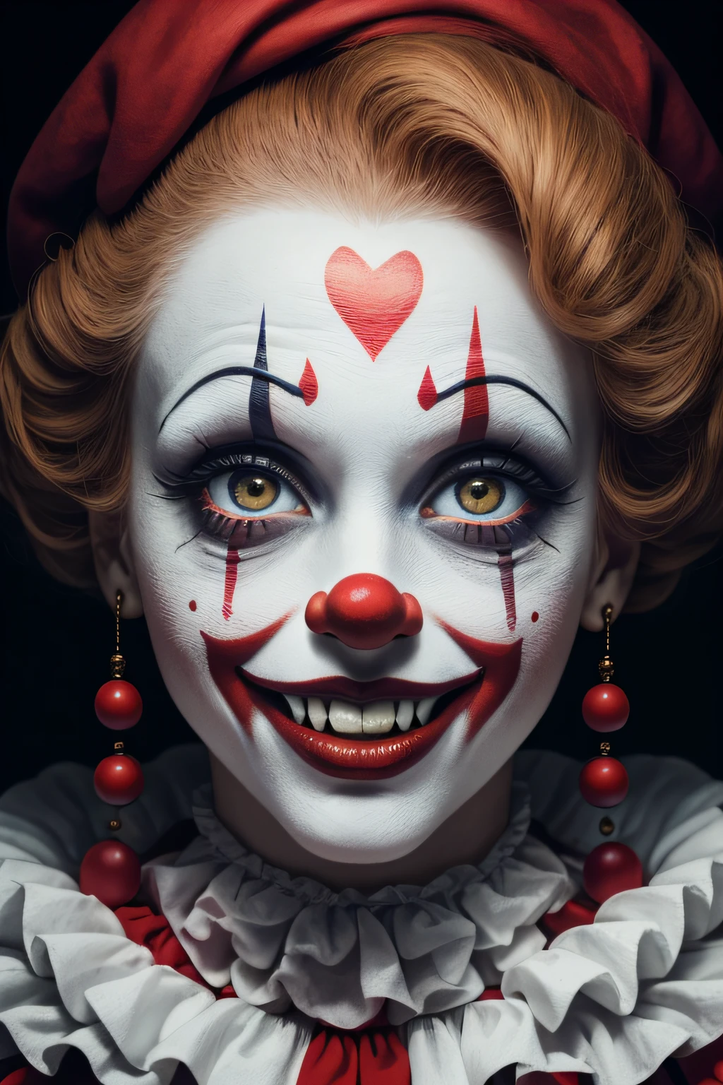 top-quality、[[photo-like]]、Beautiful European Woman、potrait shot、Female clown, white face with big, red circles painted around his eyes, masterpeice, dressed like aclown and its face too