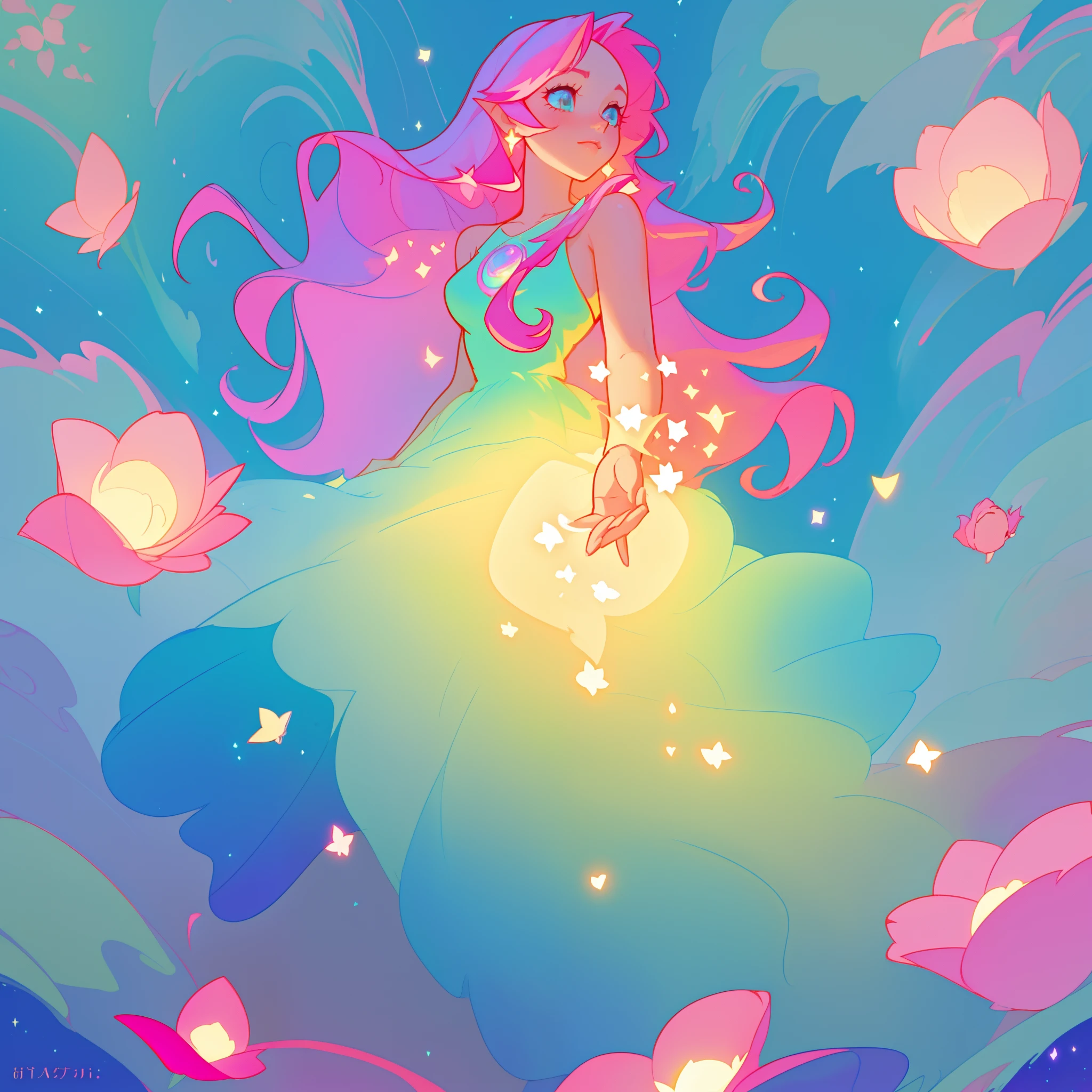 beautiful girl in flowing gradient layered ballgown, flowing pink hair, whimsical fantasia and flowers background, vibrant pastel colors, (colorful), magical lights, magical flowers, flowers, glowing lights, red pink long wavy hair, sparkling lines of light, inspired by Glen Keane, inspired by Lois van Baarle, disney art style, by Lois van Baarle, glowing aura around her, by Glen Keane, jen bartel, glowing lights! digital painting, flowing glowing hair, glowing flowing hair, beautiful digital illustration, fantasia background, whimsical, magical, fantasy, beautiful face, ((masterpiece, best quality)), intricate details, highly detailed, sharp focus, 8k resolution, sparkling detailed eyes, liquid watercolor