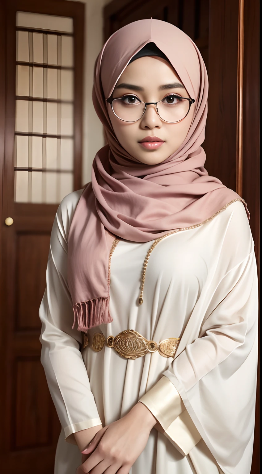 (iu:0.8),cleavage, RAW, Best quality, high resolution, Masterpiece: 1.3, Beautiful glasses pearl_skinned hijabi javanese wearing sexy tribal, Masterpiece, Soft smile