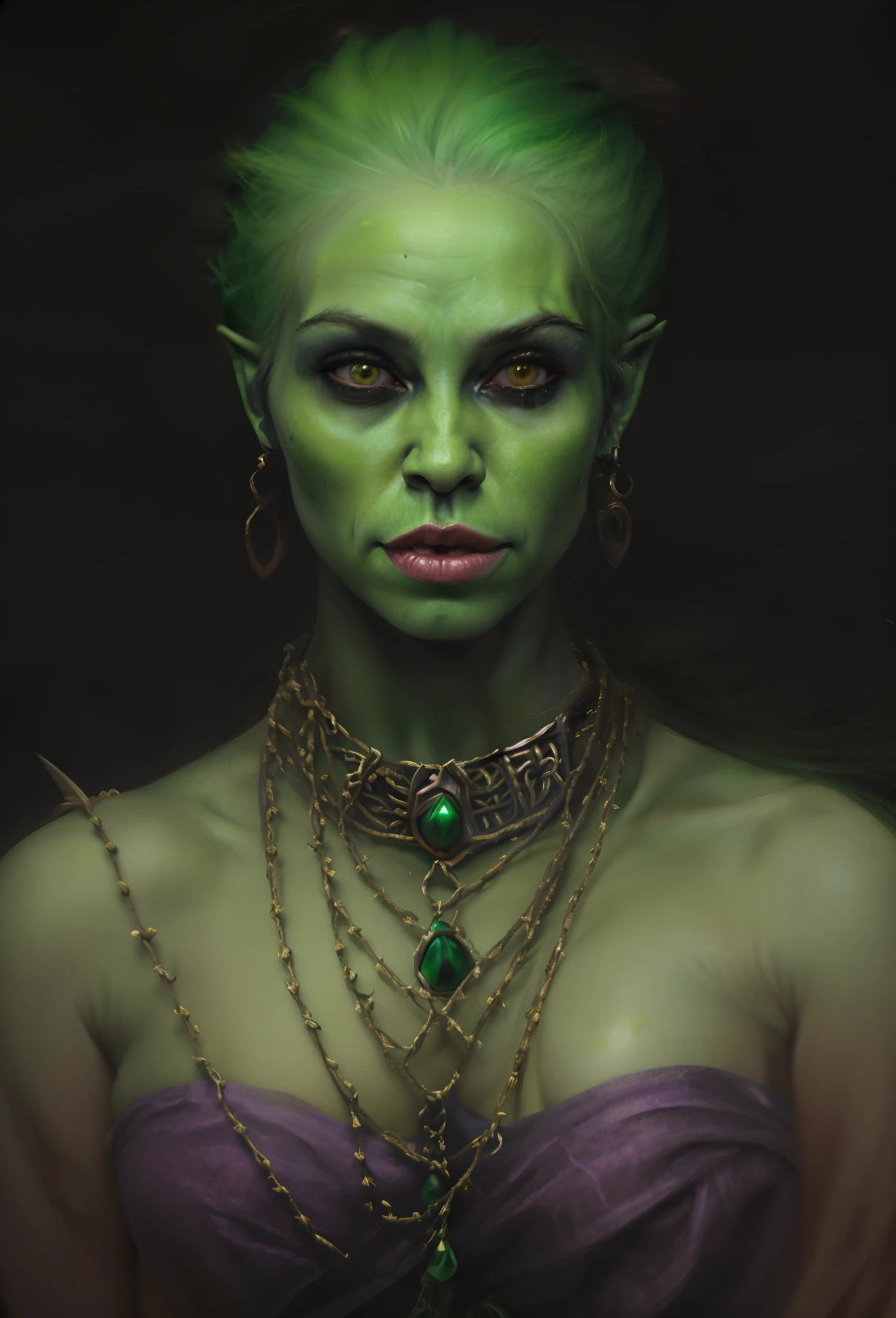 pintura de uma mulher com cabelo verde e maquiagem verde, retrato feminino do duende, green orc female, Retrato de uma rainha elfa, metade orc metade elfo mulher, Retrato de um feiticeiro elfo feminino, Artgerm Sylvari Retrato, Female orc, Retrato de um necromante feminino, Retrato de uma feiticeira, retrato de fantasia fosco detalhado, Um retrato de um elfo