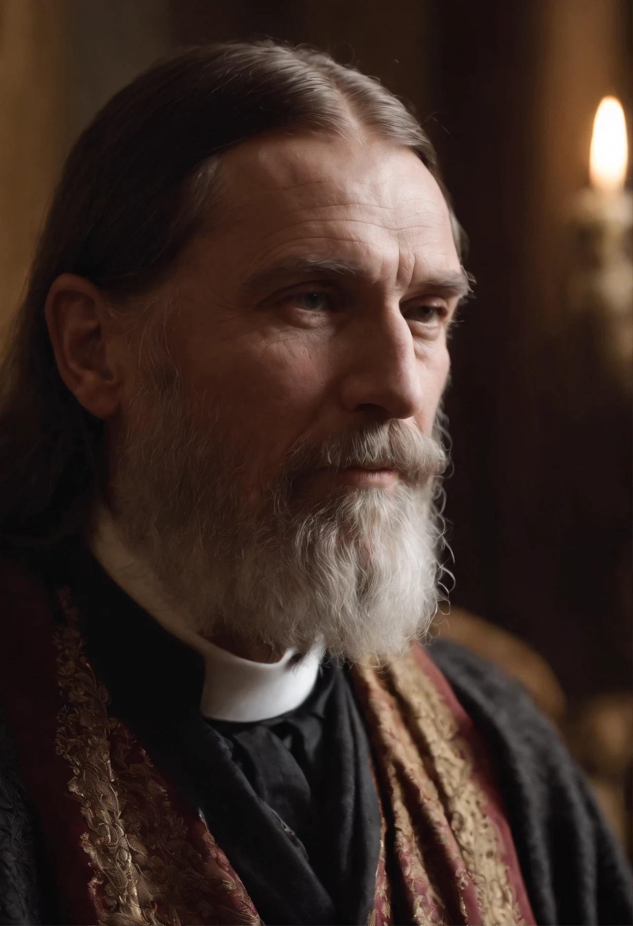 A Sage , semelhante a rasputin ,em uma sala escura , foco no rosto
