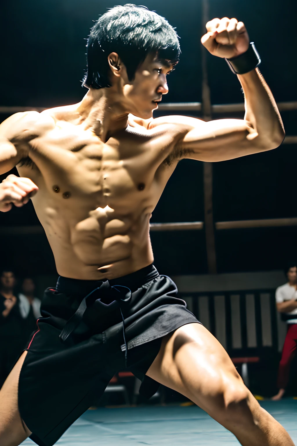 Bruce Lee, doing martial arts, hyper realistic, ultra HD, cinematic