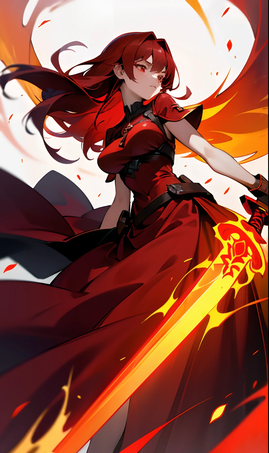 Medium body girl with medium breasts with long dark red hair wearing a red dress with white and fire details while holding a red magic sword and her red eyes, while on her back she has huge phoenix wings