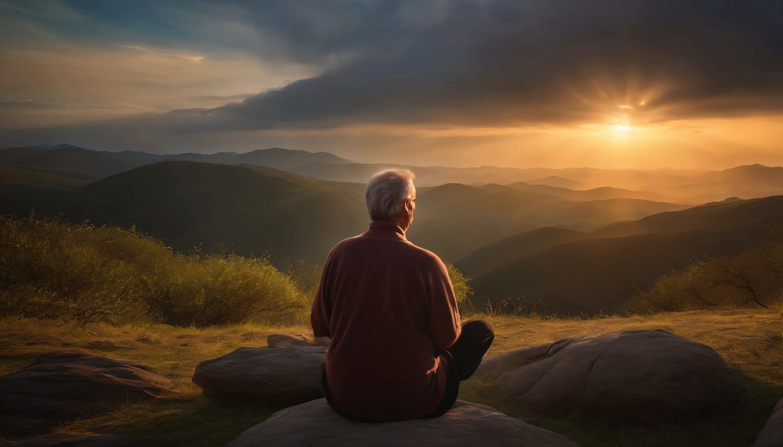 Mature man sitting in meditation position, contemplando um horizonte lindo com o sol se pondo, Man is in deep connection with the divine, The landscape is ultra detailed, homem ultra realista, tudo bem detalhado e lindo, ultra qualidade. Realismo 8K