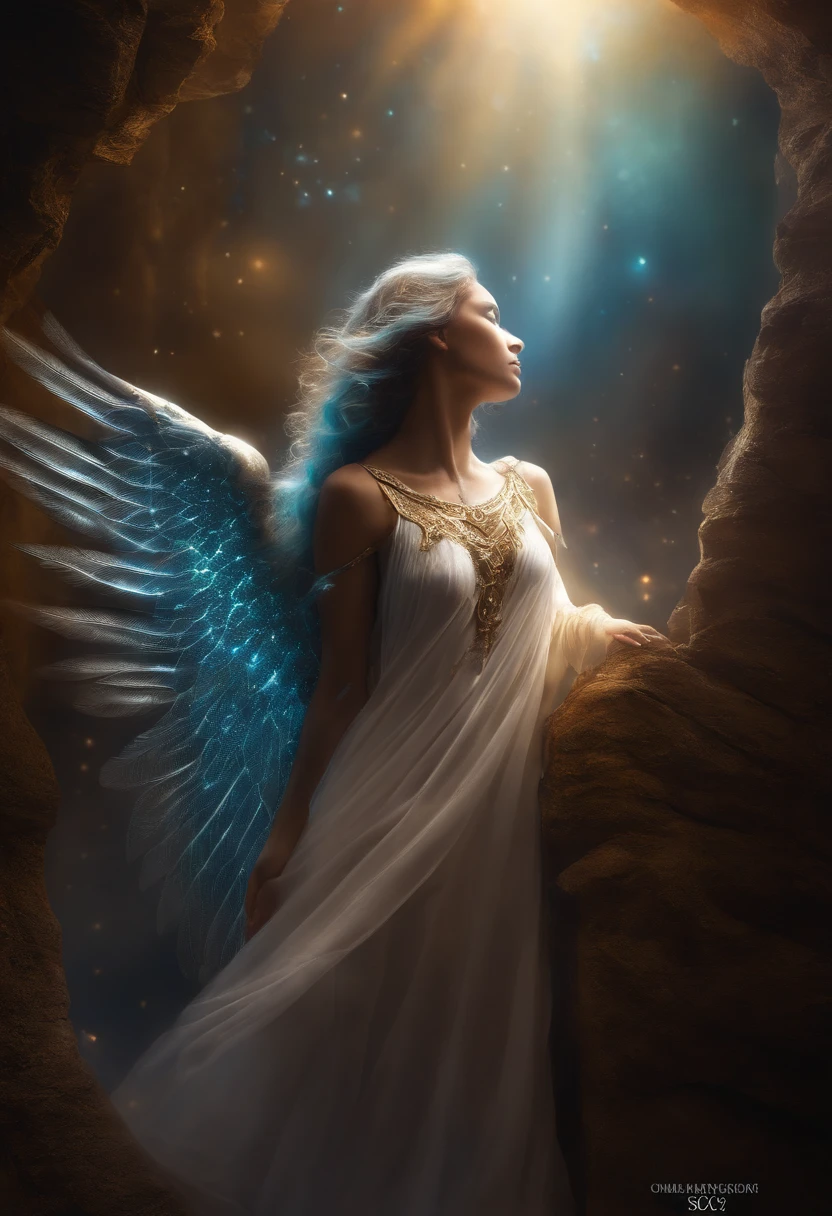 cosmic fallen angel, olhos claros brilhantes, Biomechanicals, estranho, assustador, Pesadelo, cores muito brilhantes, light particles, com luz brilhante, Mshiff, Arte do papel de parede, Papel de parede UHD
