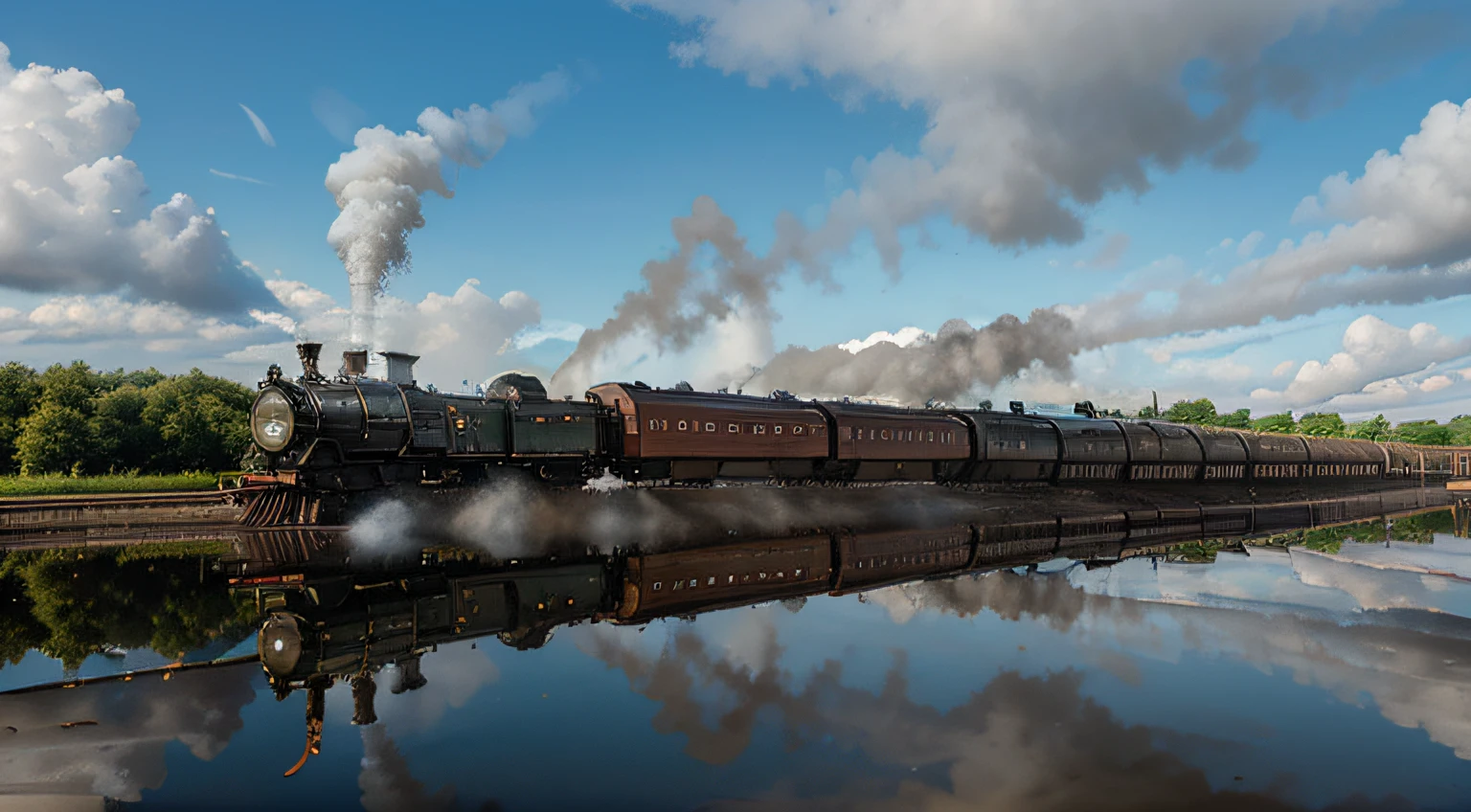 Steam trains,hyper realisitc,Hyper Real,high detal,bru,bridge,waterface,The water reflects the train,steams,8K,On the bridge deck,At the bridge,railroad tracks,Skysky,Blue sky,clouds,White steam,Medium and long-distance trains