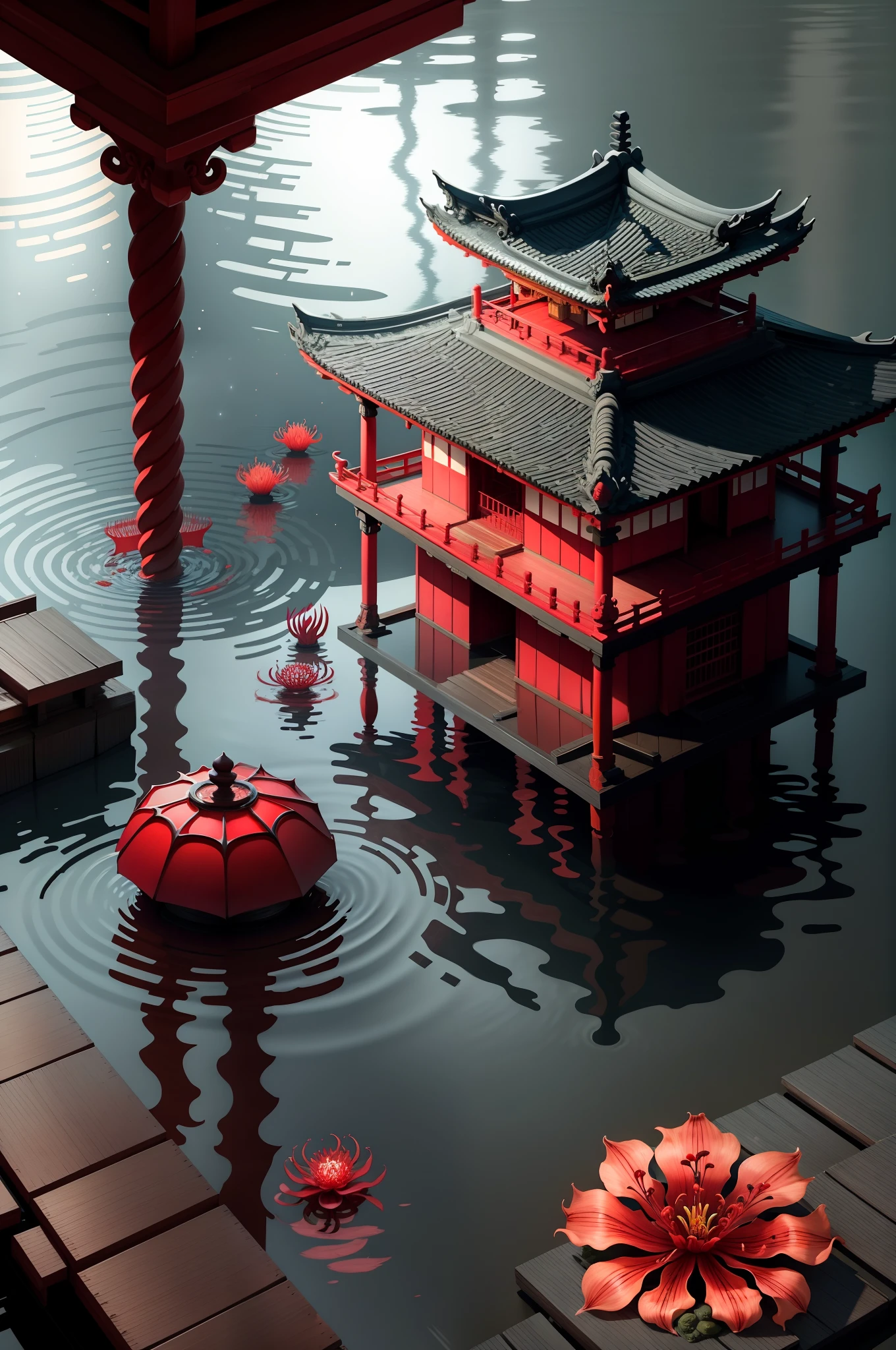 Submerged luxury Japanese temple with red lily of spider flowers, beautiful night light, high resolution, old color filter, enlarge space water, realistic