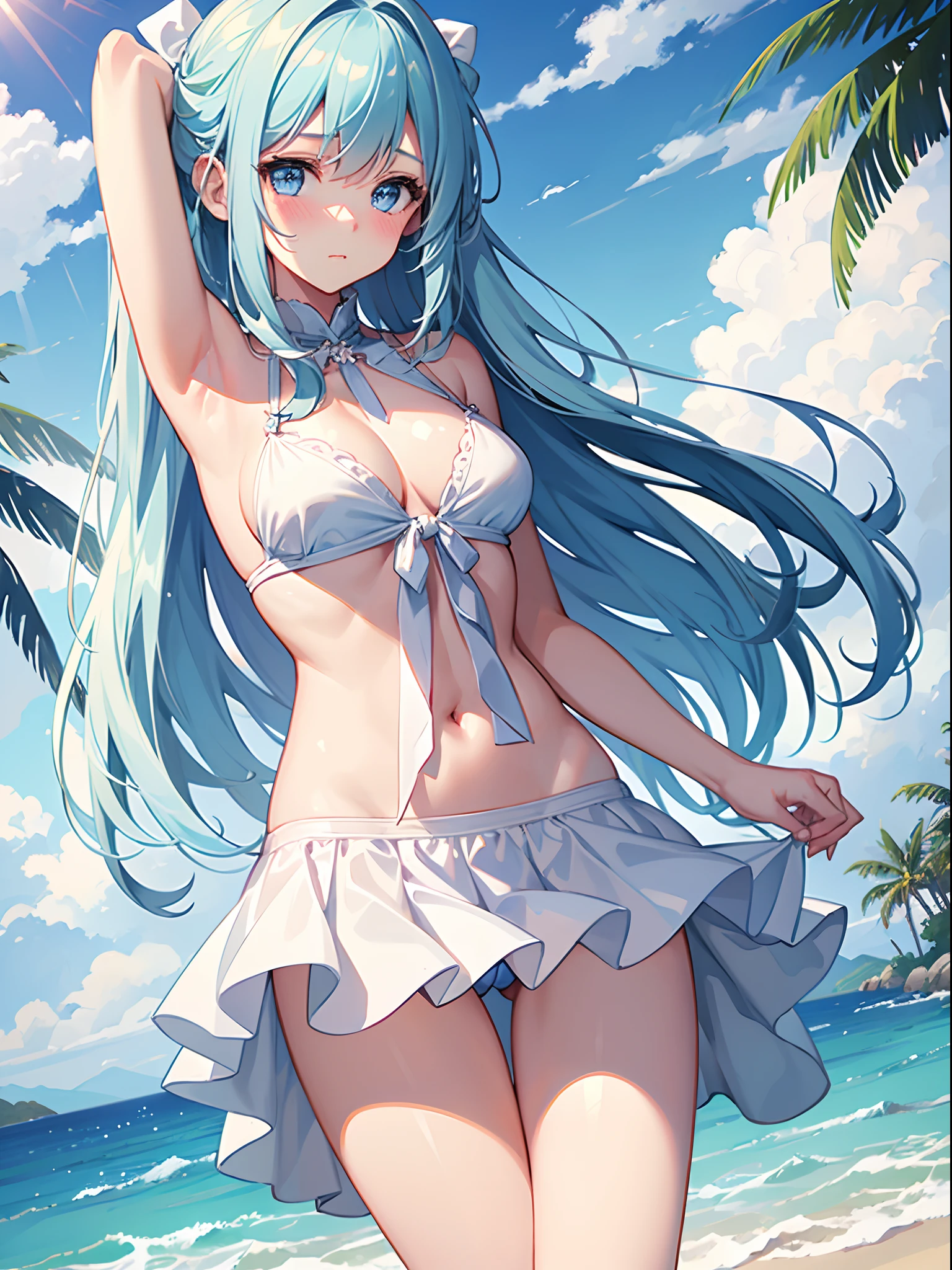 1girl in,Light Svert Medium Hair,Tying hair,Light blue eyes,Beach,Swimsuit,Cute,blush,medium breasts,cumulonimbus clouds,Best Quality++,Highest Quality++