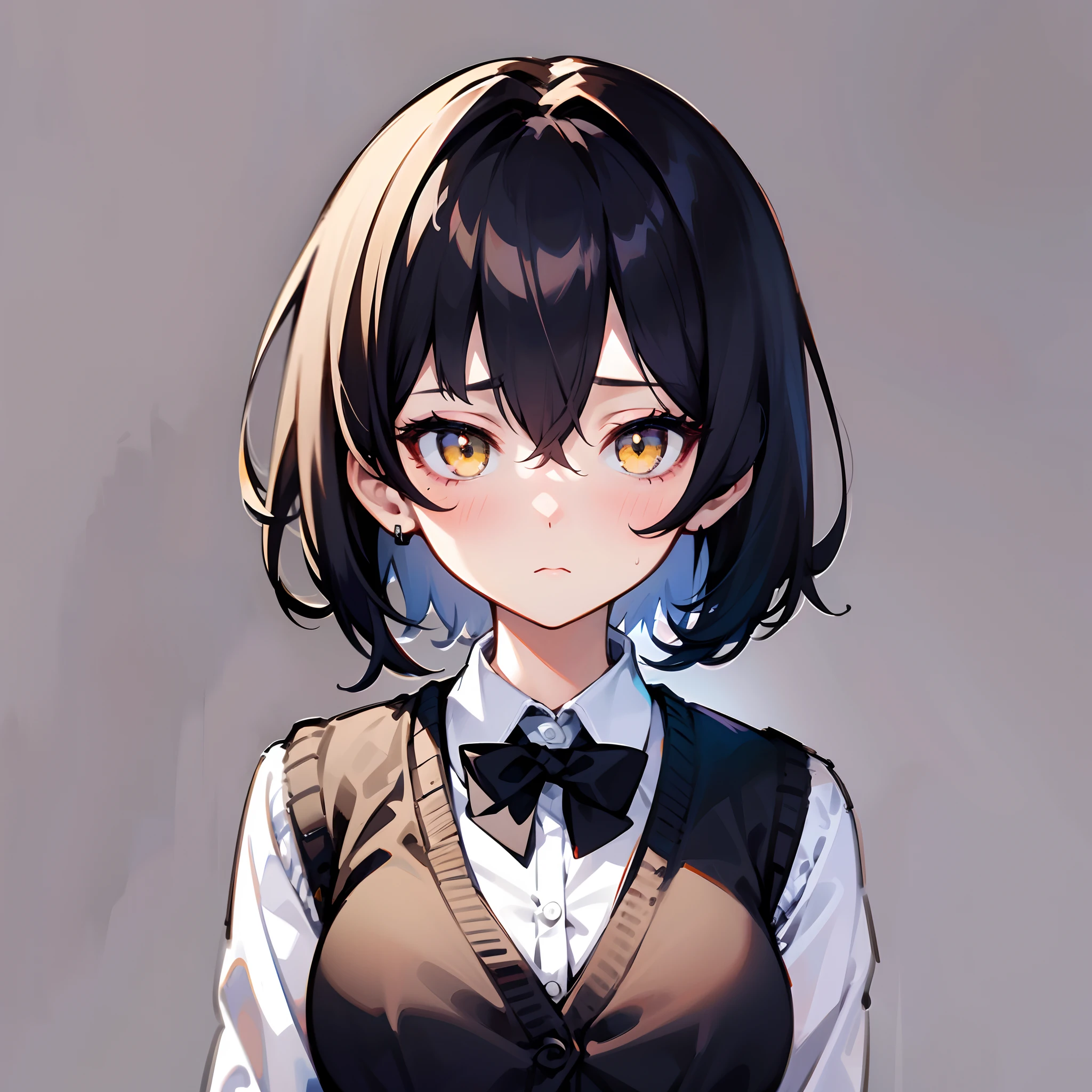 1girl, short black messy hair, yellow eyes, bags under eyes, medium breast, cardigan vest, expressionless, bored face, solo, best quality, masterpiece, portrait, simple background, looking at the camera, from the front, 1result, vibrant, detailed, perfect anatomy, detailed art, high definition, 4k, high resolution