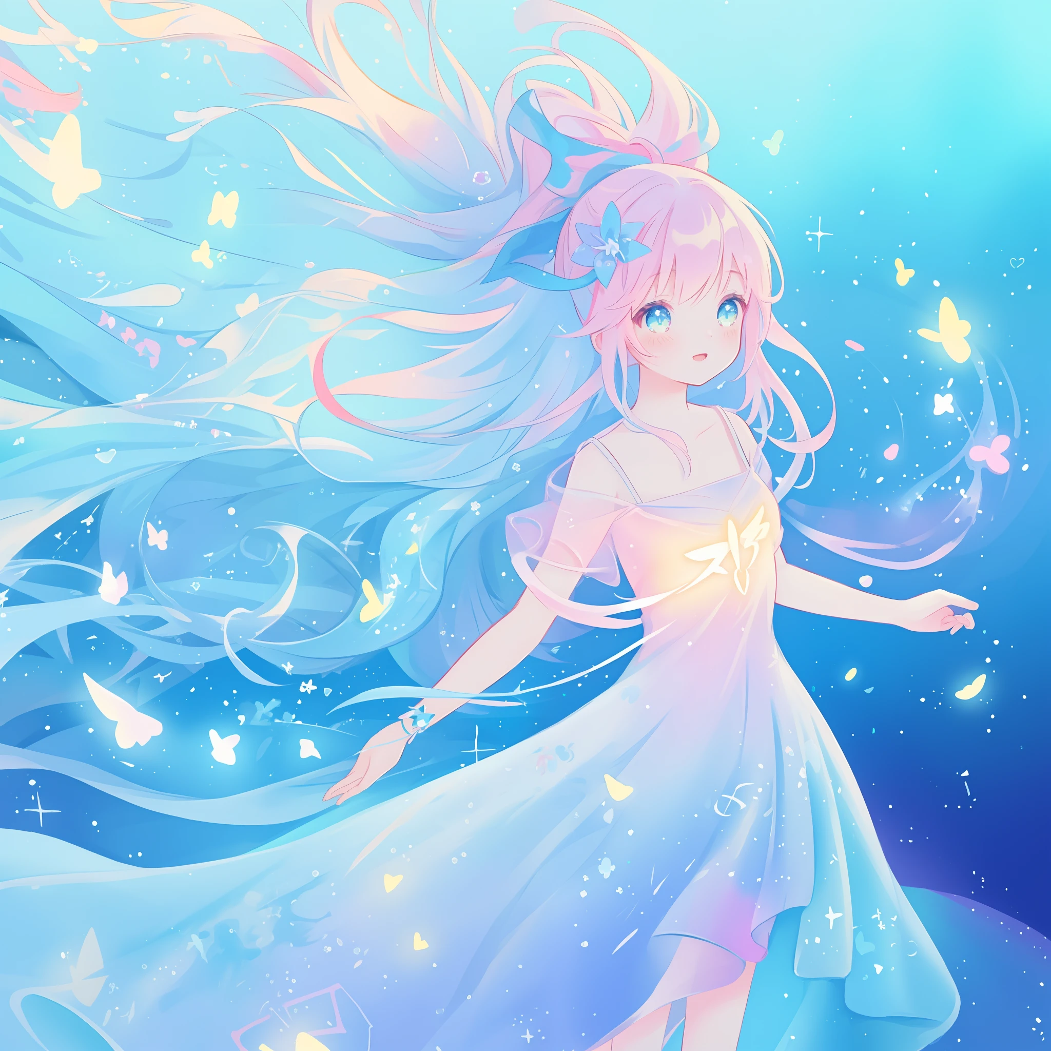 beautiful anime girl in colorful liquid dress, vibrant pastel colors, (colorful), magical lights, sparkling lines of light, inspired by Glen Keane, inspired by Lois van Baarle, disney art style, by Lois van Baarle, glowing aura around her, by Glen Keane, jen bartel, glowing lights! digital painting, flowing glowing hair, glowing flowing hair, beautiful digital illustration, fantasia background, whimsical, magical, fantasy, beautiful face, ((masterpiece, best quality)), intricate details, highly detailed, sharp focus, 8k resolution, sparkling detailed eyes, liquid watercolor