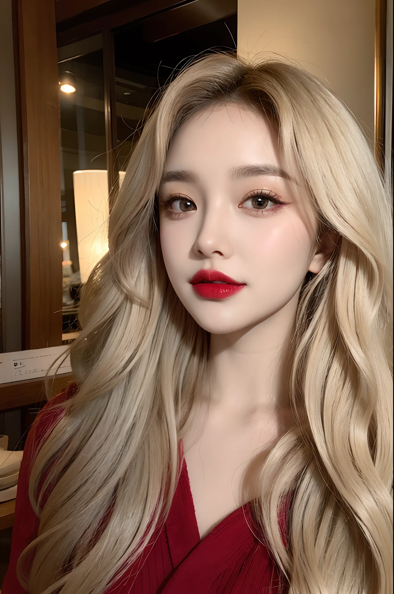 Redlip，Heavy makeup，Mipi is white，Wavy curly hair，Charming