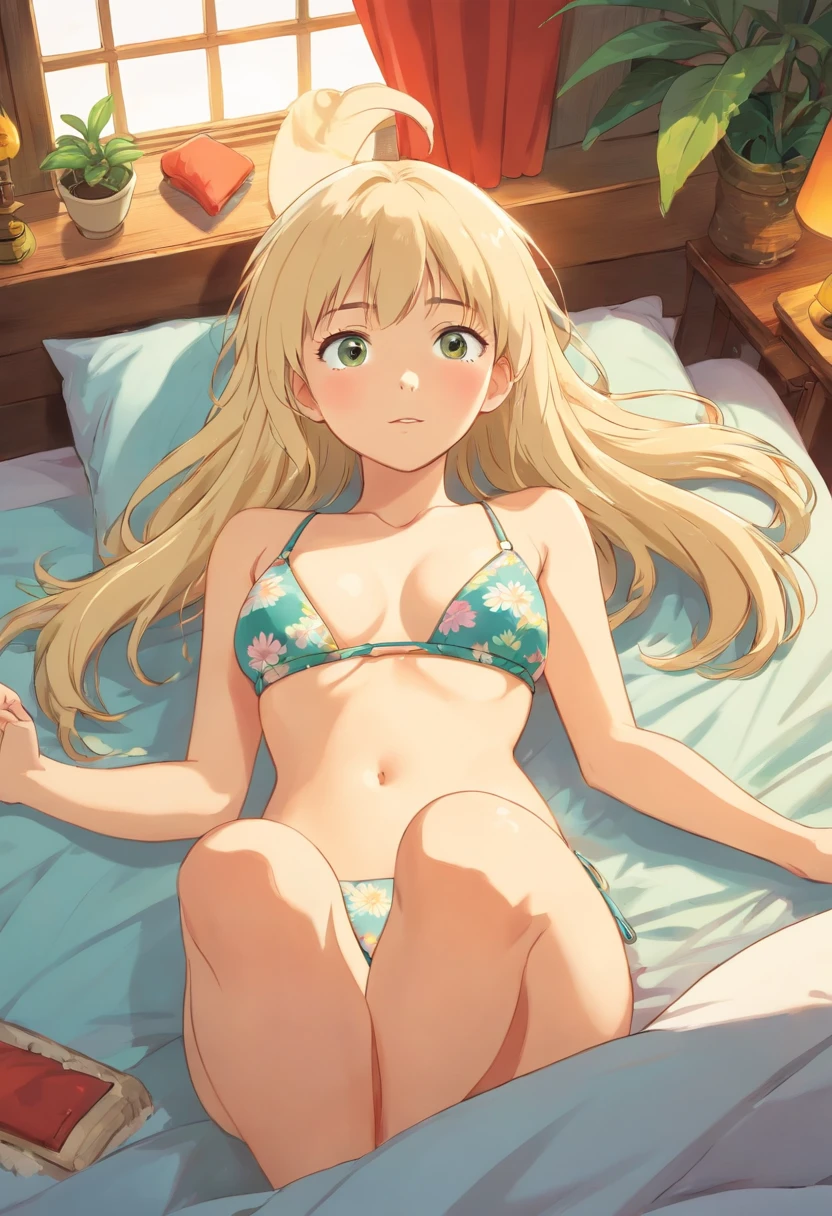 Blonde girl lying on bed in bikini