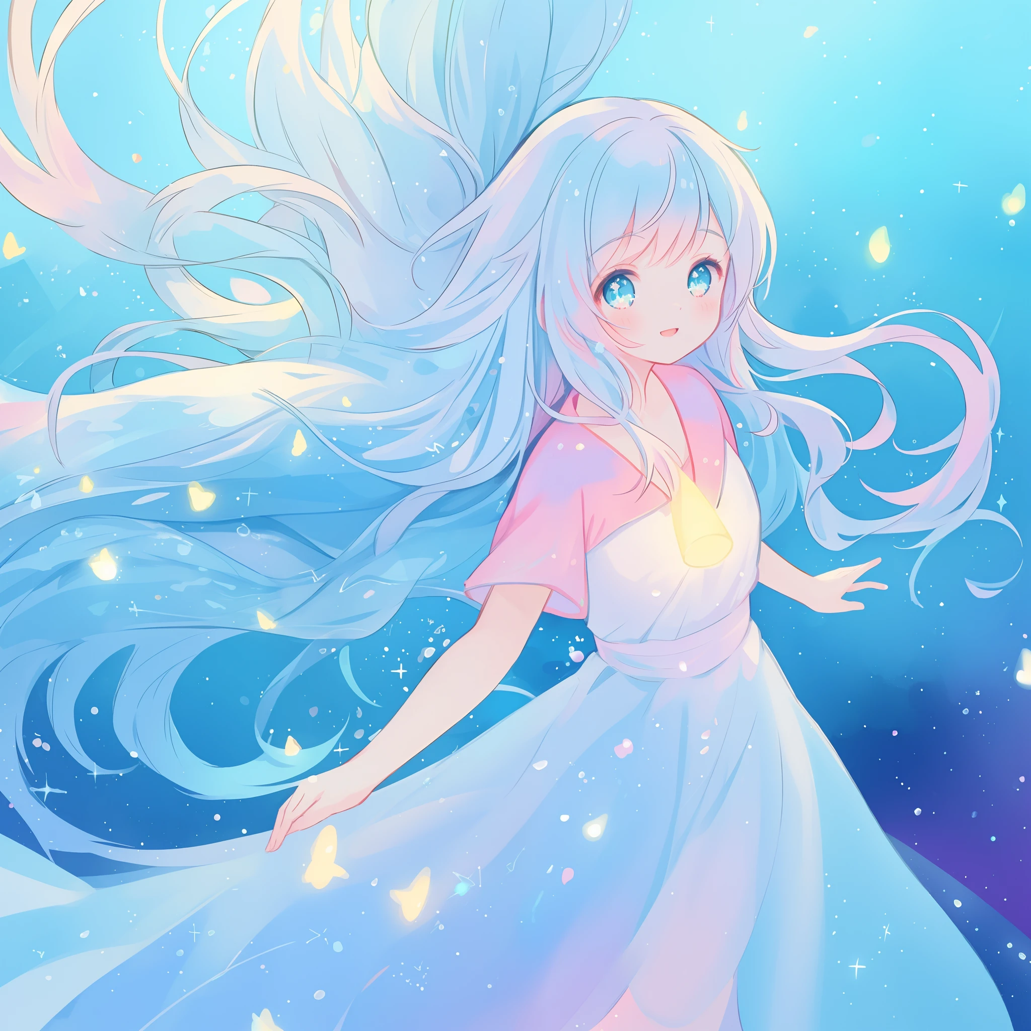 beautiful anime girl in colorful liquid dress, vibrant pastel colors, (colorful), magical lights, sparkling lines of light, inspired by Glen Keane, inspired by Lois van Baarle, disney art style, by Lois van Baarle, glowing aura around her, by Glen Keane, jen bartel, glowing lights! digital painting, flowing glowing hair, glowing flowing hair, beautiful digital illustration, fantasia background, whimsical, magical, fantasy, beautiful face, ((masterpiece, best quality)), intricate details, highly detailed, sharp focus, 8k resolution, sparkling detailed eyes, liquid watercolor