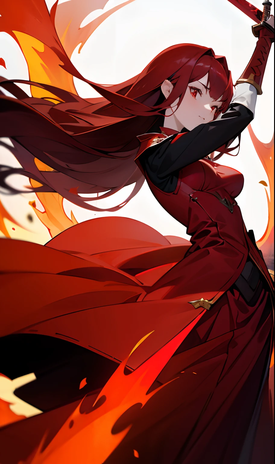 Medium body girl with medium breasts with long dark red hair wearing a red dress with white and fire details while holding a red magic sword and her red eyes, while on her back she has huge phoenix wings
