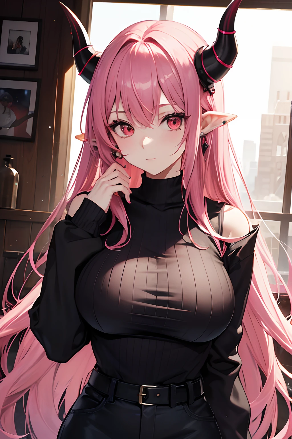 Cover magazine. anime, adult woman, middle aged woman, solo, long hair, pink hair, red eyes, demon horn, black horn, complex horn, demon woman, model, beautiful, fantasy, Casual clothes. Hair accessories. Unusual hairstyles. Earrings. Greeting. Sharp ears. Big breast. Upper body. Soft smile. Beautiful anime art. Mommy.