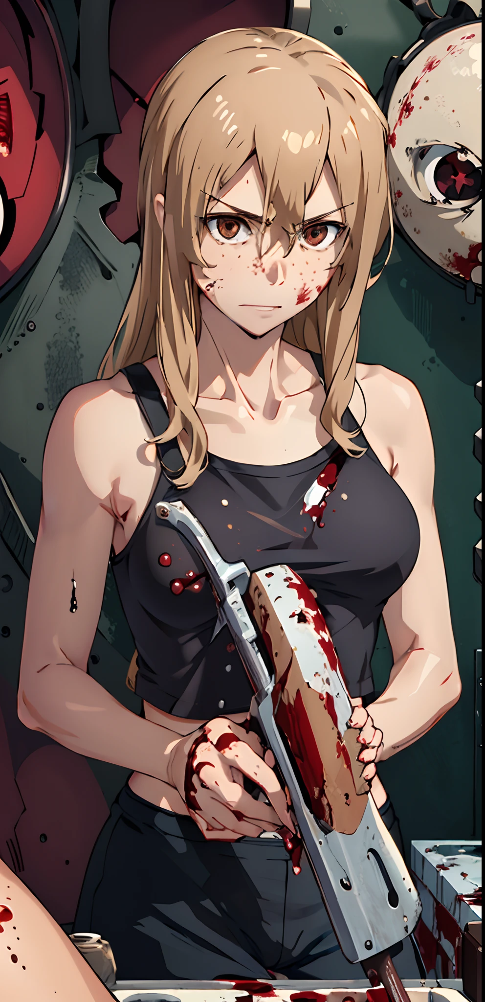 (masterpiece), best quality, highres, aoki1, brown eyes, freckles, cropped tank top, thong, upper body, ((blood on face, sadistic gir, murderer)).