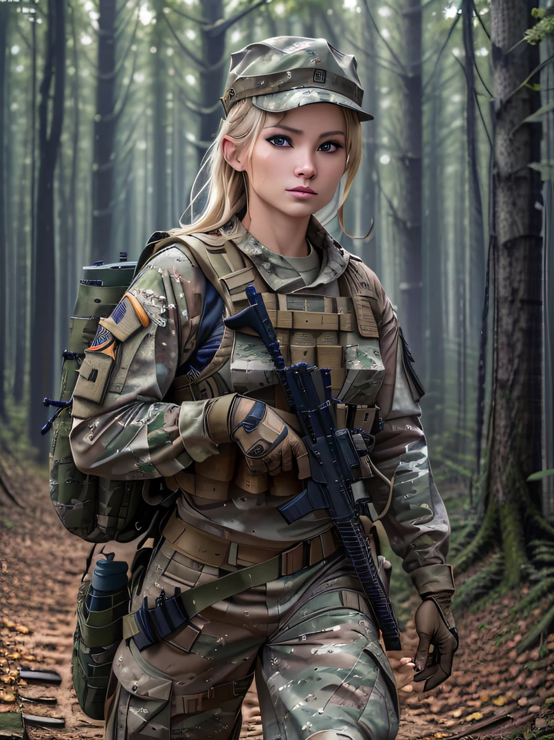 ((​masterpiece、ultra fine photos、top-quality、超A high resolution、Photorealsitic、foco nítido、bustshot、(Beautiful Female Soldier、30-year-old woman with)))、delicated face、((fair white skin、blue eyess、Blonde Shorthair))、Military Cap、Woodland Camouflage Military Uniform、Woodland Camouflage Tactical Vest、Woodland Camouflage Long Pants、Combat gloves、Combat equipment、Carry a Woodland Camouflage Backpack、Black Military Undershirt、Focus from the chest up、Detailed face and chest depiction、Detailed hand depiction、combat pose、Dynamic Poses、Dynamic action、in woods、White smoke、watching at viewers