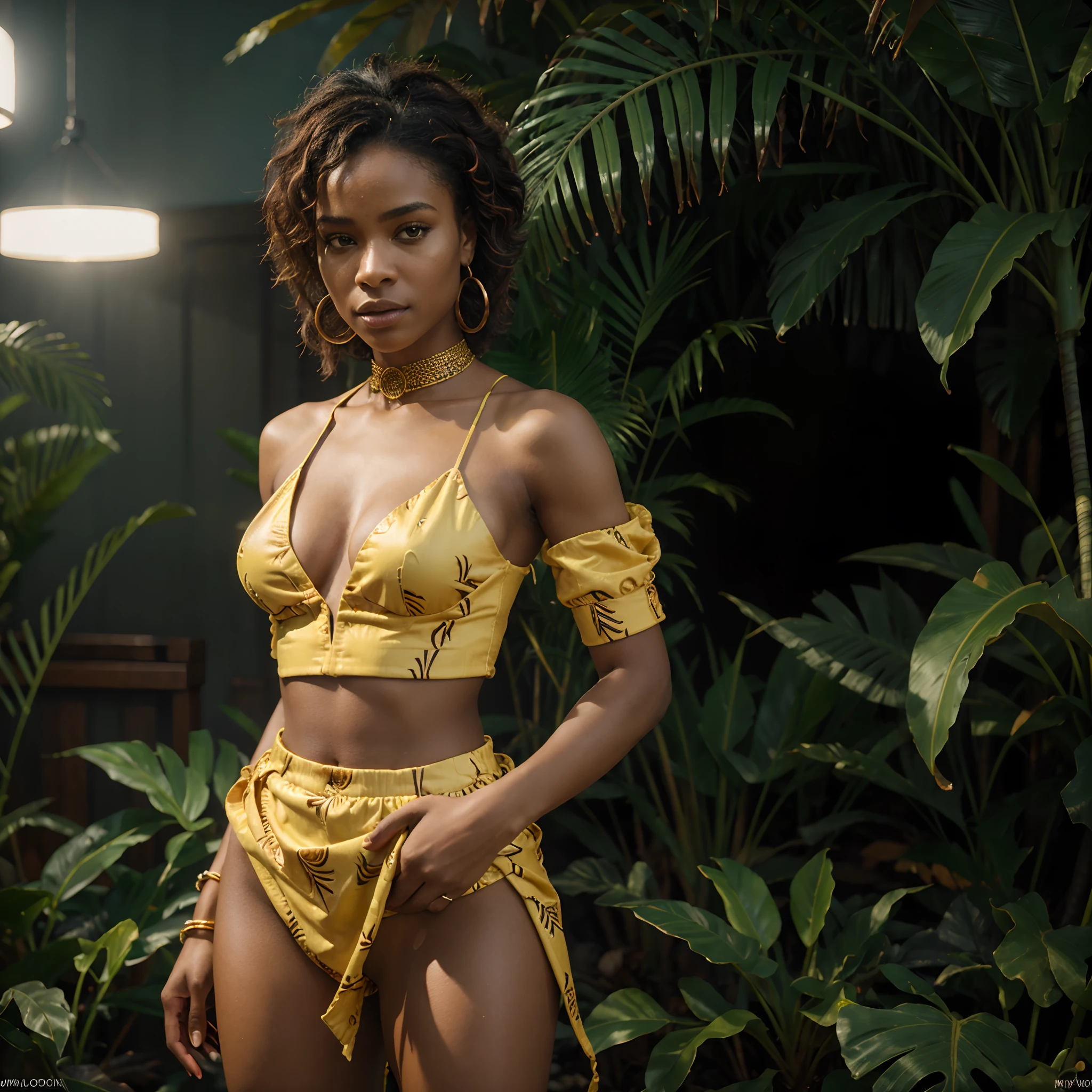 by royo, hyperdetailed, hyperrealistic, vivid portrait of a beautiful african woman in an African designed 80s- sfrican inspired outfit with vibrant colors, exaggerated shoulder pads, and bold accessories. Striking a powerful pose with an intense gaze, surrounded by a halo of smoke in tones that enhance her expression. In a banana plantation, night time the smoke mimicking waves, matching the colors of her outfit. Perfect composition, exquisite attention to small details, realistic reflections, UHD, 8k, ultra-detailed texture, volumetric light, cinematic effects, masterpiece, trending on ArtStation, Octane 3D rendering