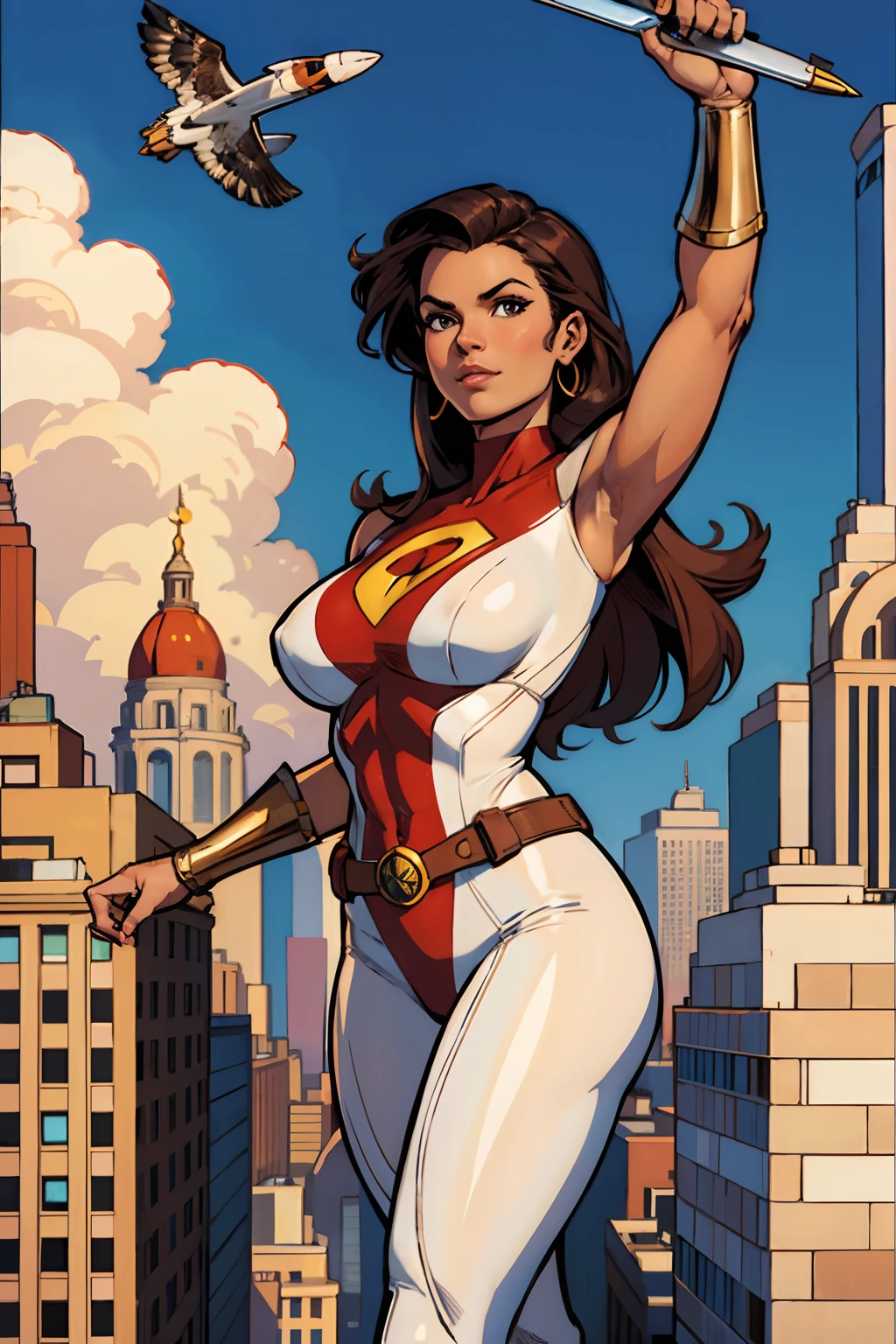 Falcon Woman, A superheroine wearing a stylish brown and white uniform, sensual e bonita, Com suas grandes asas, Fly over the skies of the big city,arte detalhada,arte perfeita, art direction Adam Hughes