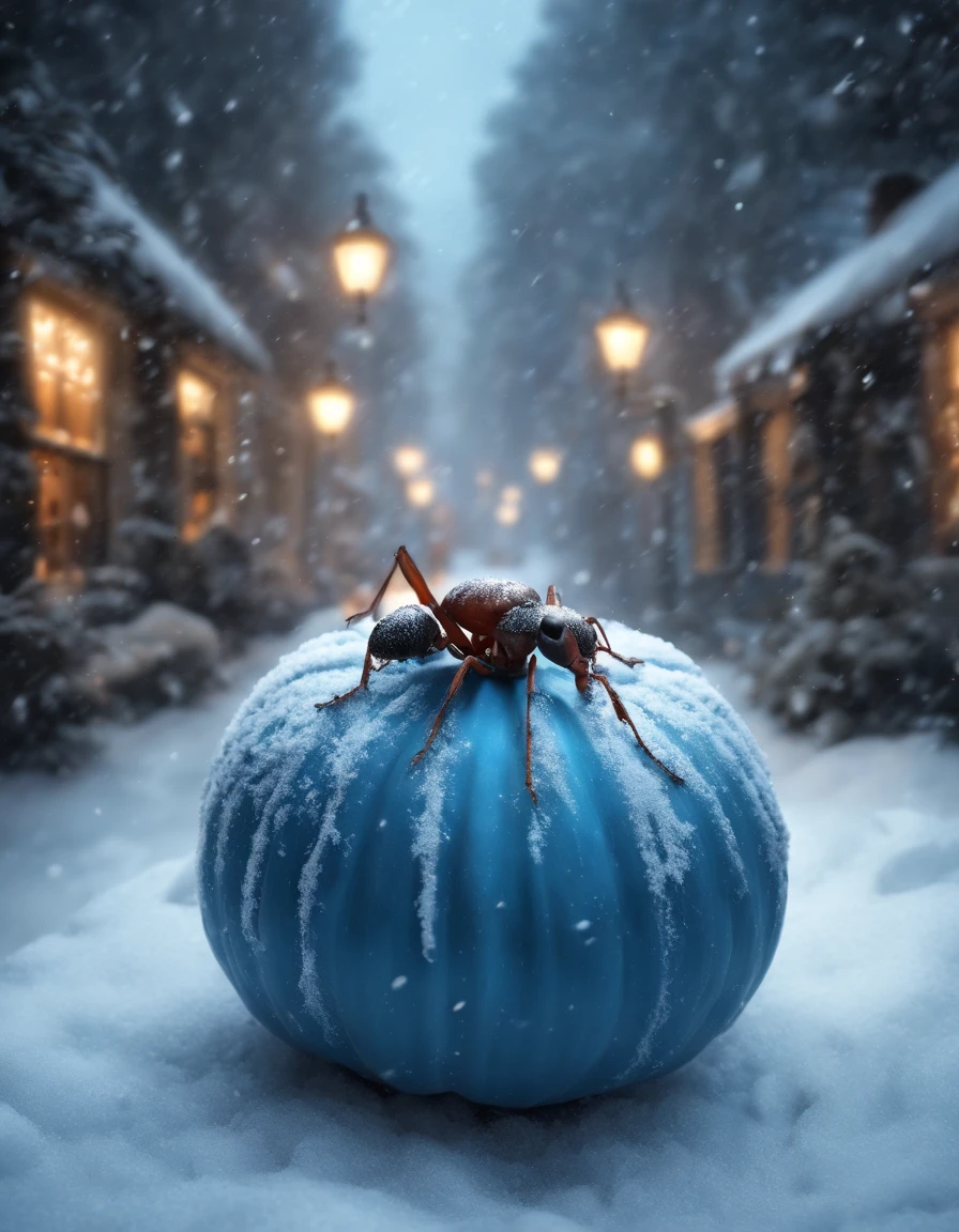 Winters，Thick snow，An ant on a giant pumpkin，(Best quality,4K:1.2),(Realistic,Photorealistic:1.37),hdr,concept-art,Winter feeling,Cool blue tones,Soft glowing light.