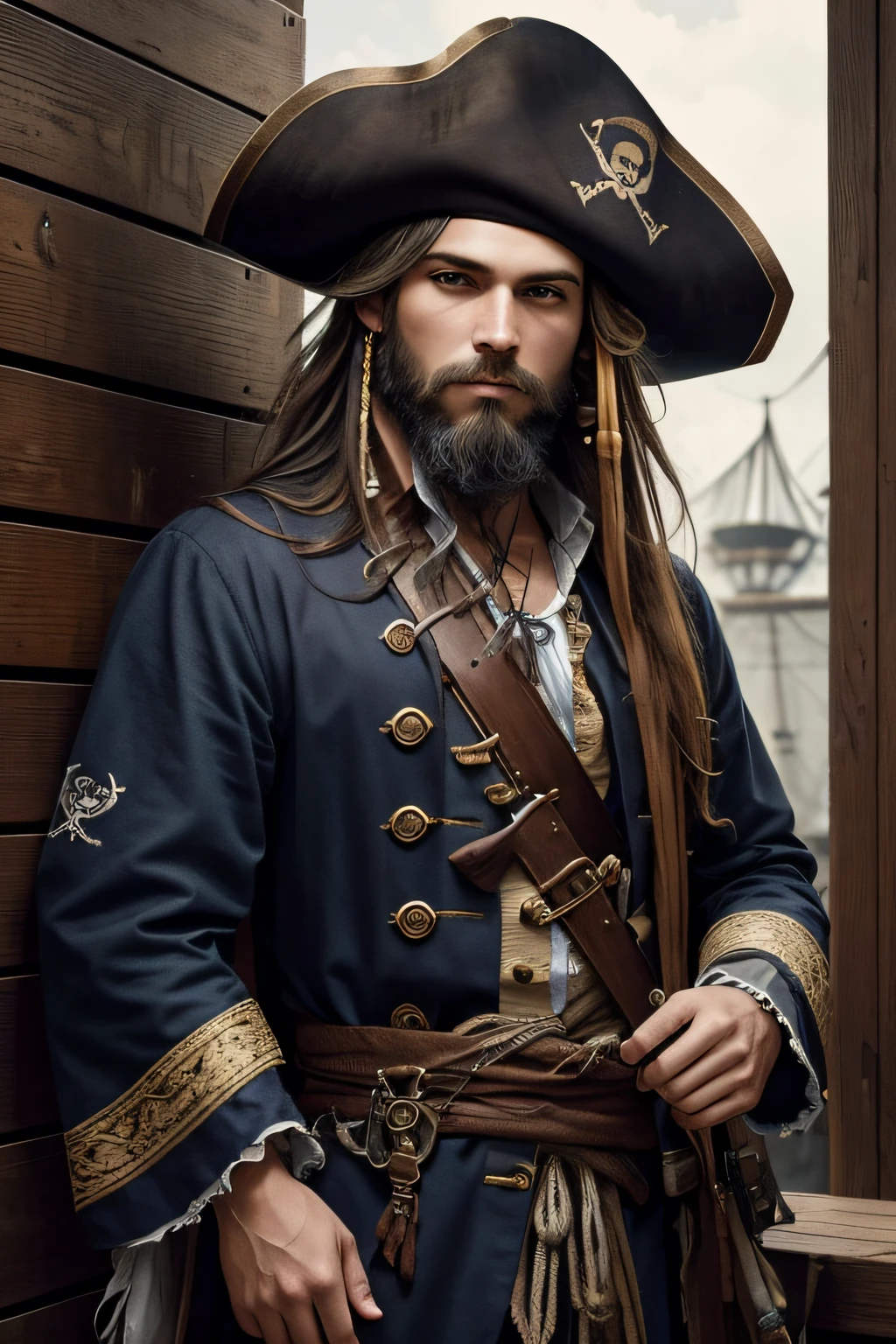 top-quality、[[photo-like]]、Beautiful European man、potrait shot、male pirate, masterpeice, dressed like a pirate,long beards and wild hair, ragged clothes, a bandana, and a tricorne hat, dressed and look like a pirate