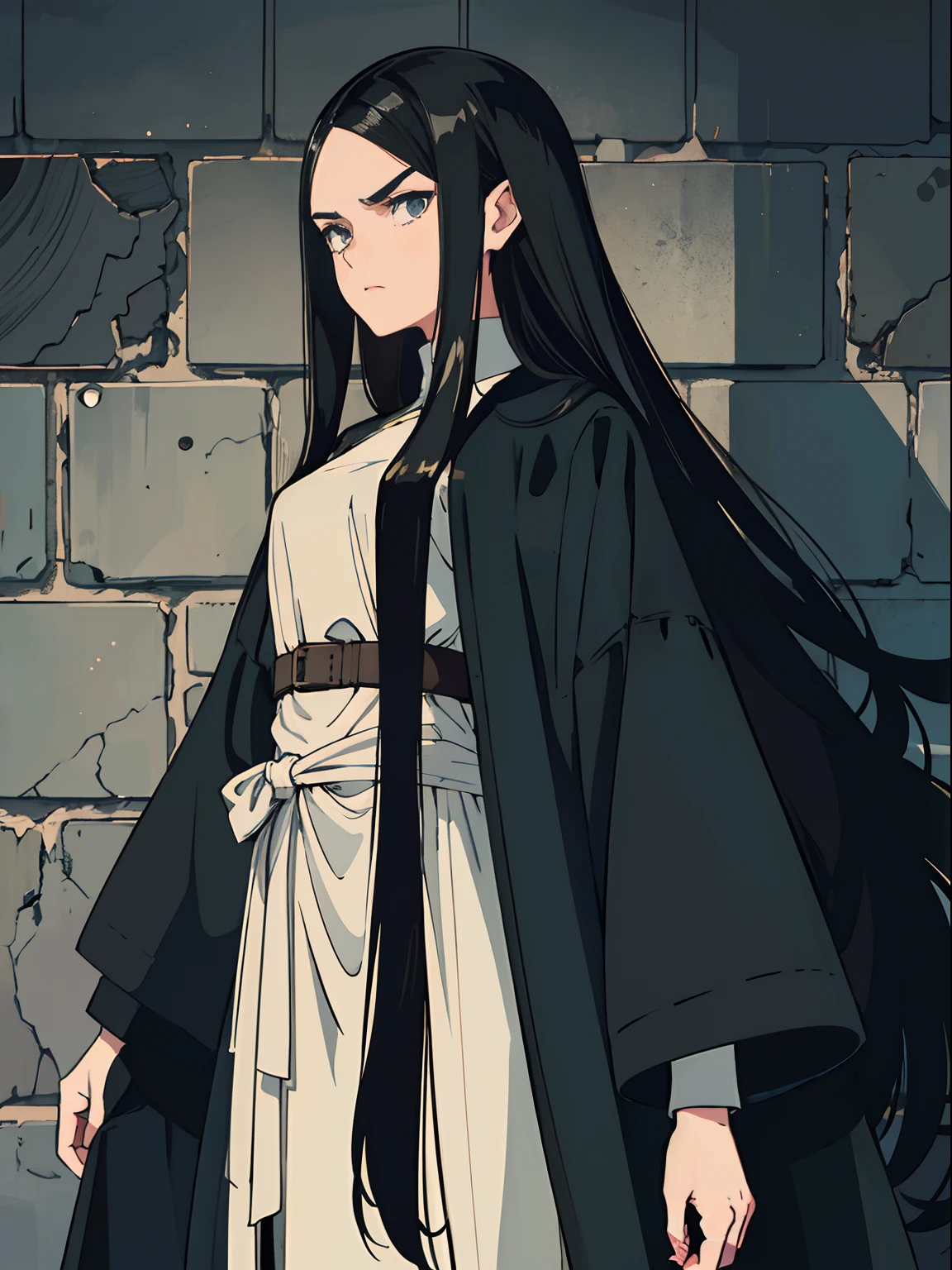 (((middle part very long black hair flowing, floor lenght))), tall (((adult lady woman))), pale, ((long face)), (thick eyebrows), serious, annoyed, dark black eyes, (sharp eyes), ((line eyebags)), detailed face, dark green clothes, tunic, long sleeves, long coat, standing, in a dark dungeon, gray bricks floor, detailed background, high res, medieval, warm light