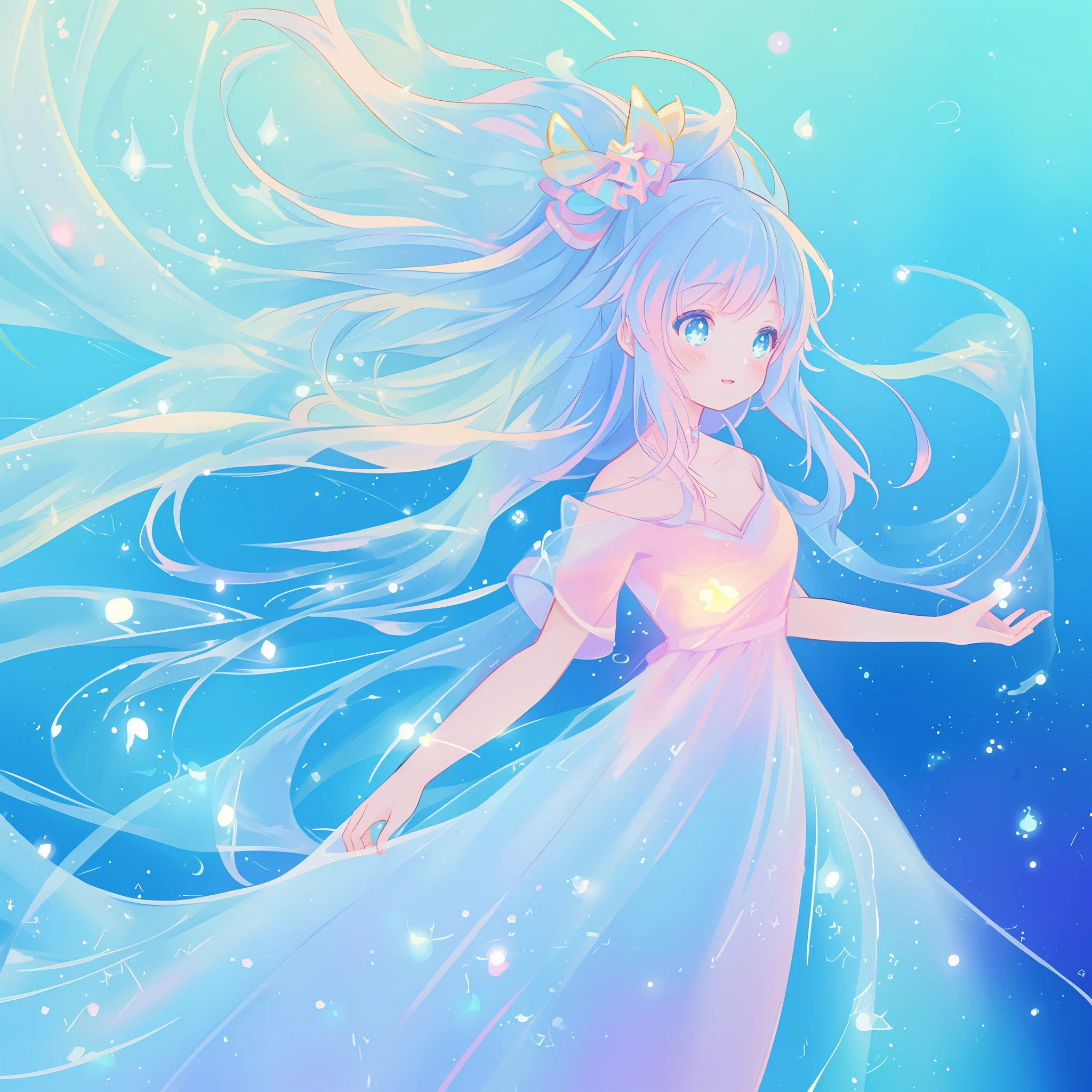 beautiful anime girl in colorful liquid dress, vibrant pastel colors, (colorful), magical lights, sparkling lines of light, inspired by Glen Keane, inspired by Lois van Baarle, disney art style, by Lois van Baarle, glowing aura around her, by Glen Keane, jen bartel, glowing lights! digital painting, flowing glowing hair, glowing flowing hair, beautiful digital illustration, fantasia background, whimsical, magical, fantasy, beautiful face, ((masterpiece, best quality)), intricate details, highly detailed, sharp focus, 8k resolution, sparkling detailed eyes, liquid watercolor