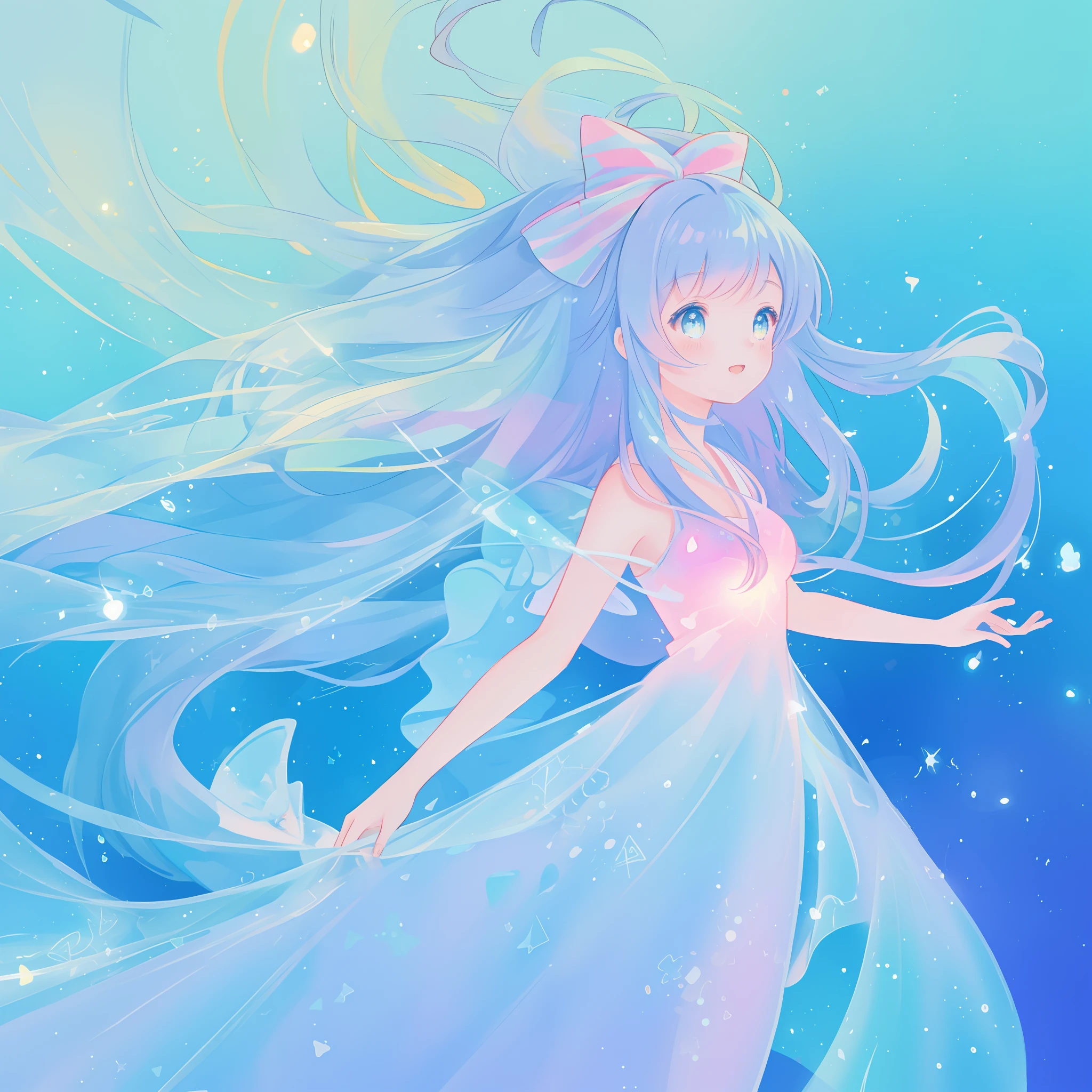 beautiful anime girl in colorful liquid dress, vibrant pastel colors, (colorful), magical lights, sparkling lines of light, inspired by Glen Keane, inspired by Lois van Baarle, disney art style, by Lois van Baarle, glowing aura around her, by Glen Keane, jen bartel, glowing lights! digital painting, flowing glowing hair, glowing flowing hair, beautiful digital illustration, fantasia background, whimsical, magical, fantasy, beautiful face, ((masterpiece, best quality)), intricate details, highly detailed, sharp focus, 8k resolution, sparkling detailed eyes, liquid watercolor