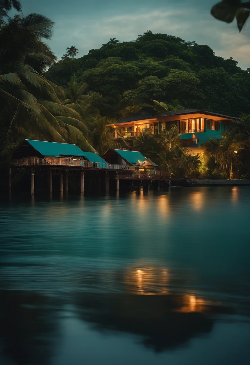 Single-family duplex house next to water bodies and forests in tropical climates
