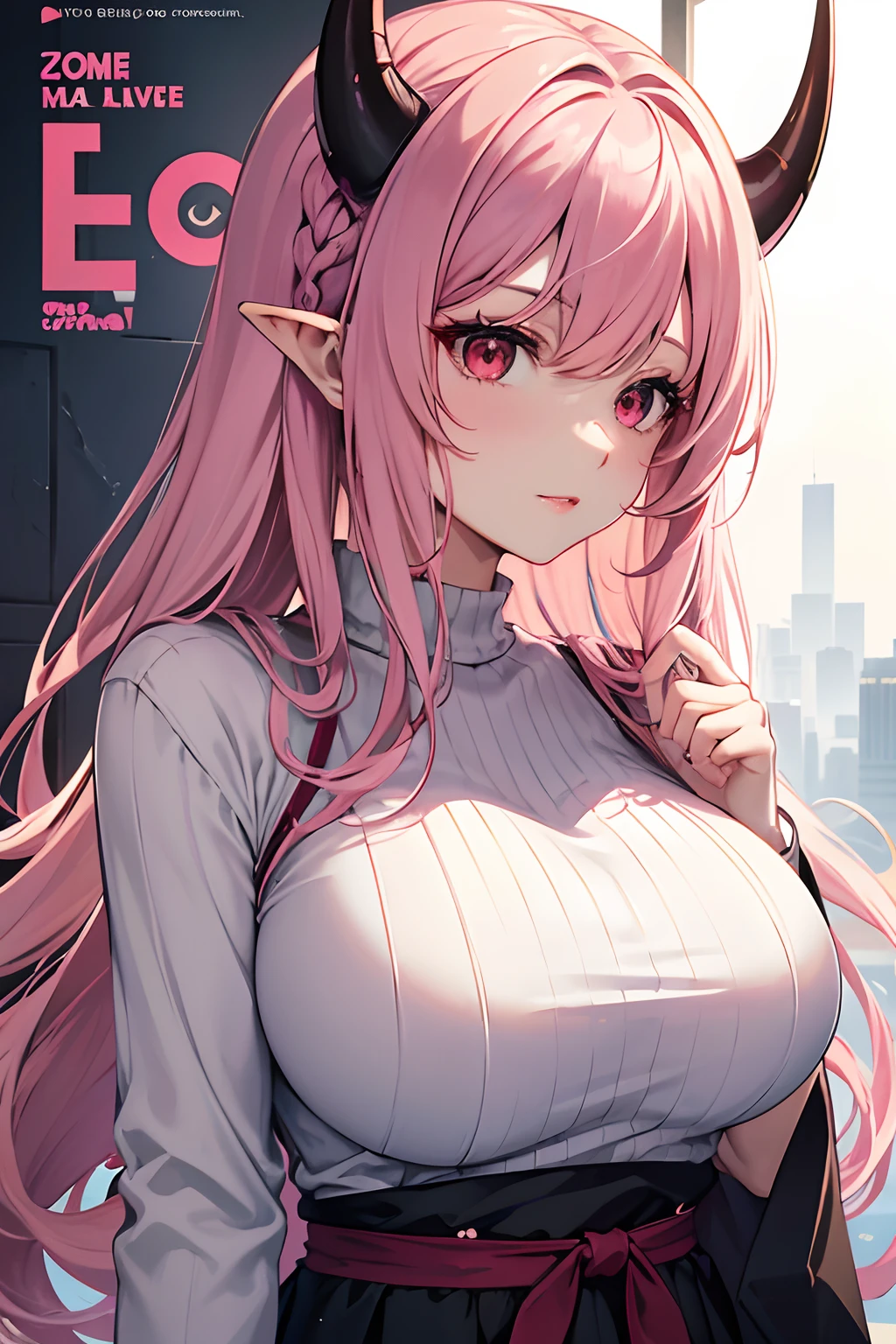 Cover magazine, solo, 1woman, anime, woman, Onee-san, adult woman, mommy, solo, long hair, unusual hairstyles, pink hair, red eyes, sharp ears, model, actress, beautiful, demon, soft smile, demon horn, casual clothes, casual style, big breast, lipstick